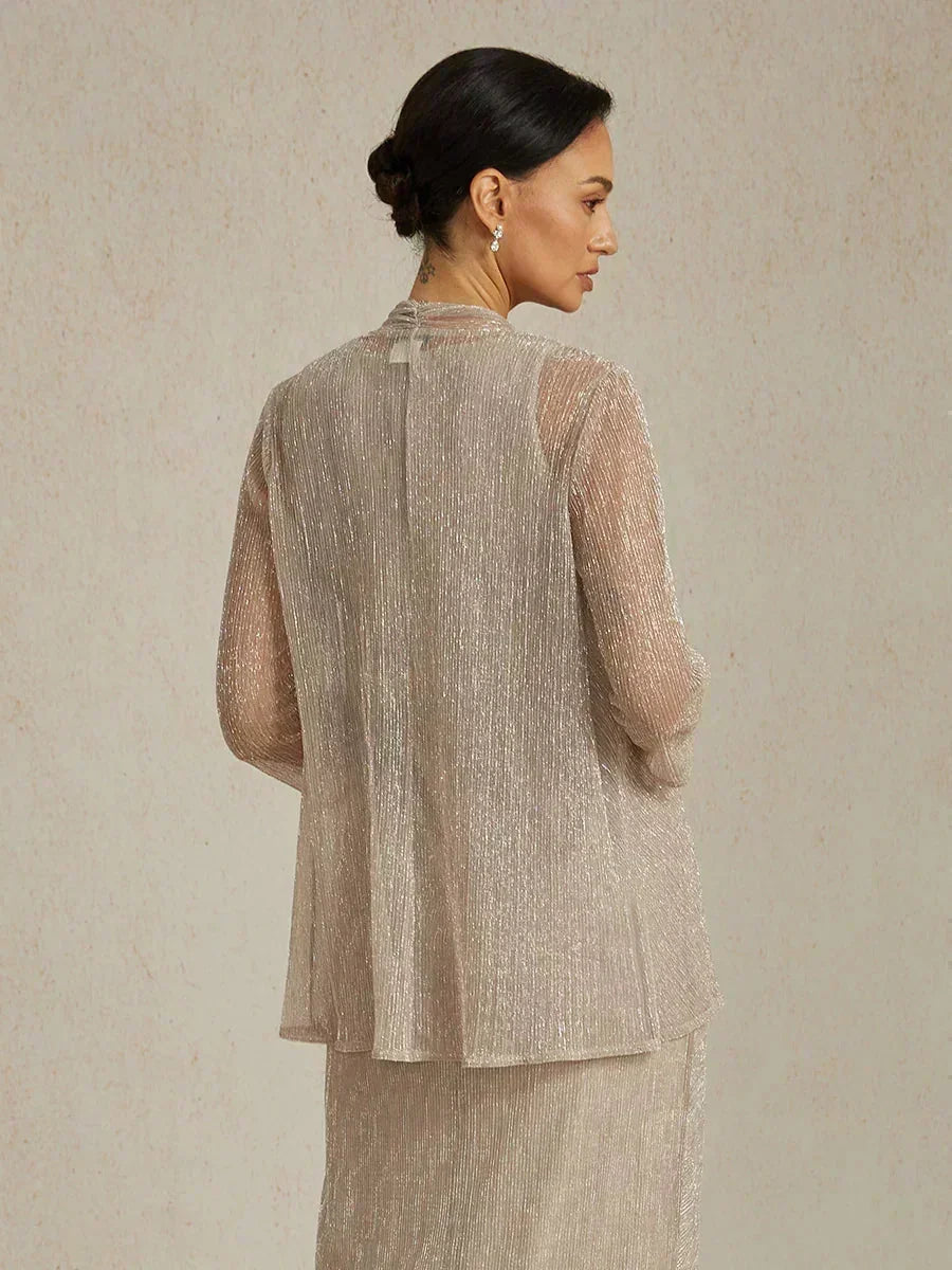 Metallic Geplooide Chiffon Lange Jas Met Gelaagd Ontwerp