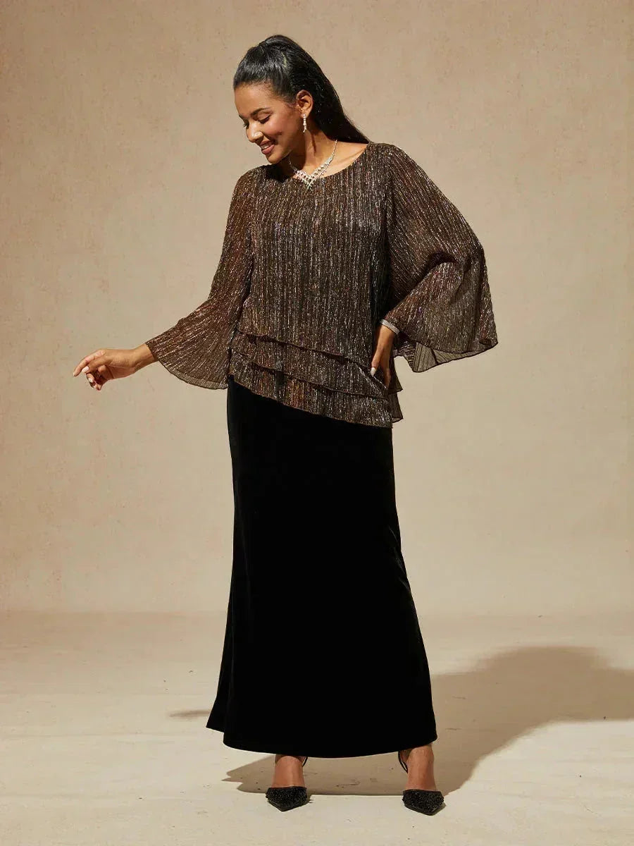 Metallische Geplooide Chiffon Asymmetrische Gelaagde Blouse