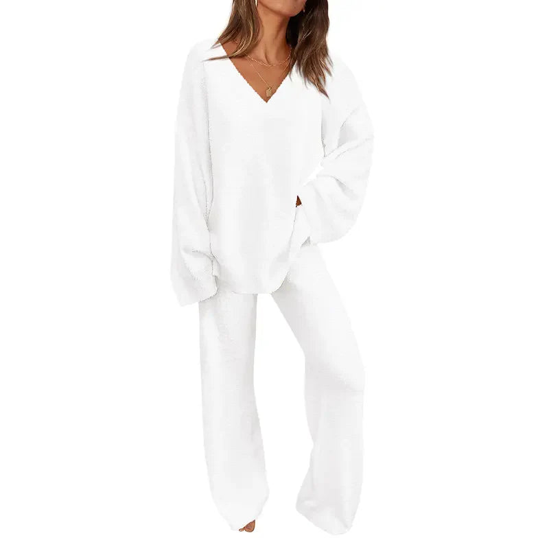 REBECCA™ - Women’s 2-Piece Lounge Set Soft Chunky V-Neck Top & Wide Leg Pants for Homewear