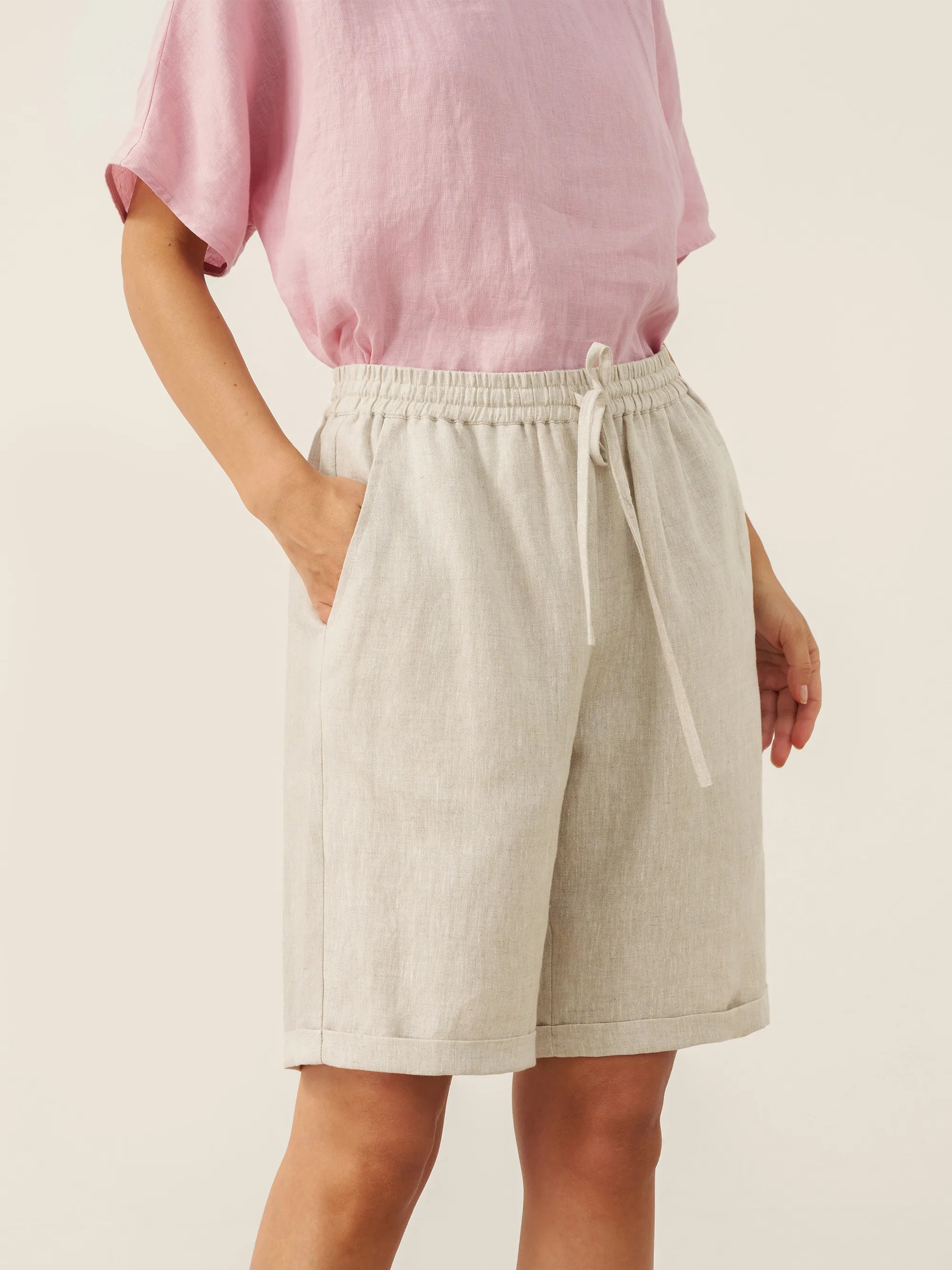 100% Linen Elastic Drawstring Waist Capri Pants XIMENA