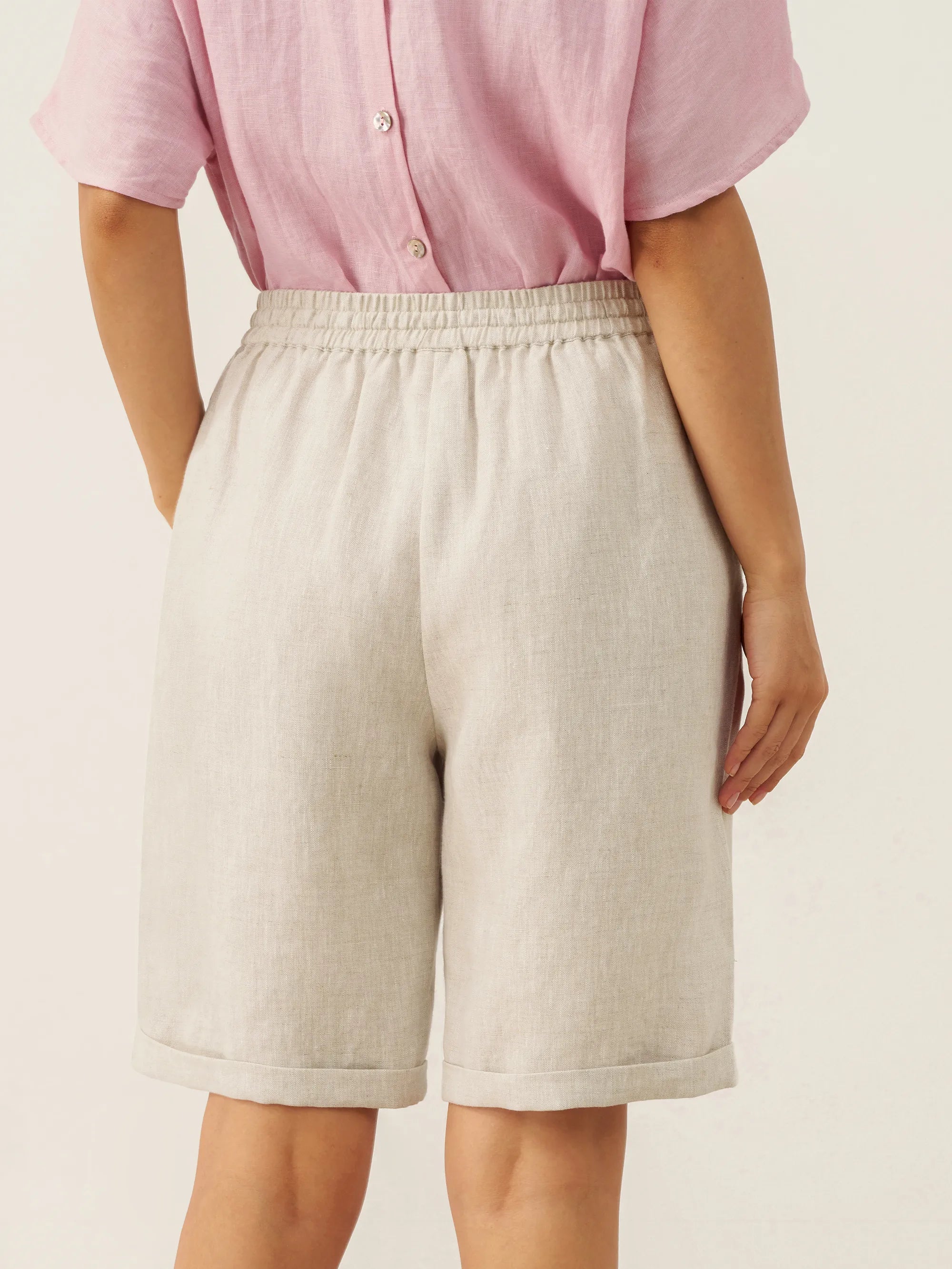 100% Linen Elastic Drawstring Waist Capri Pants XIMENA