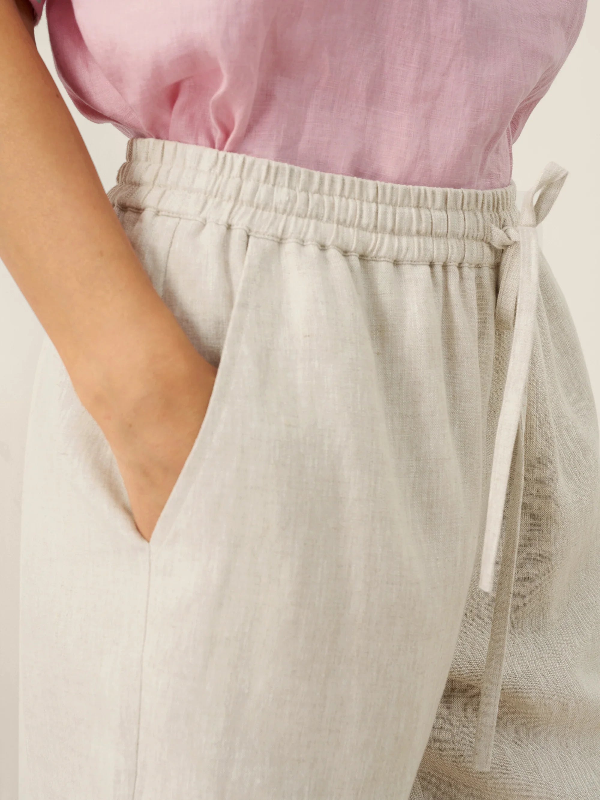 100% Linen Elastic Drawstring Waist Capri Pants XIMENA