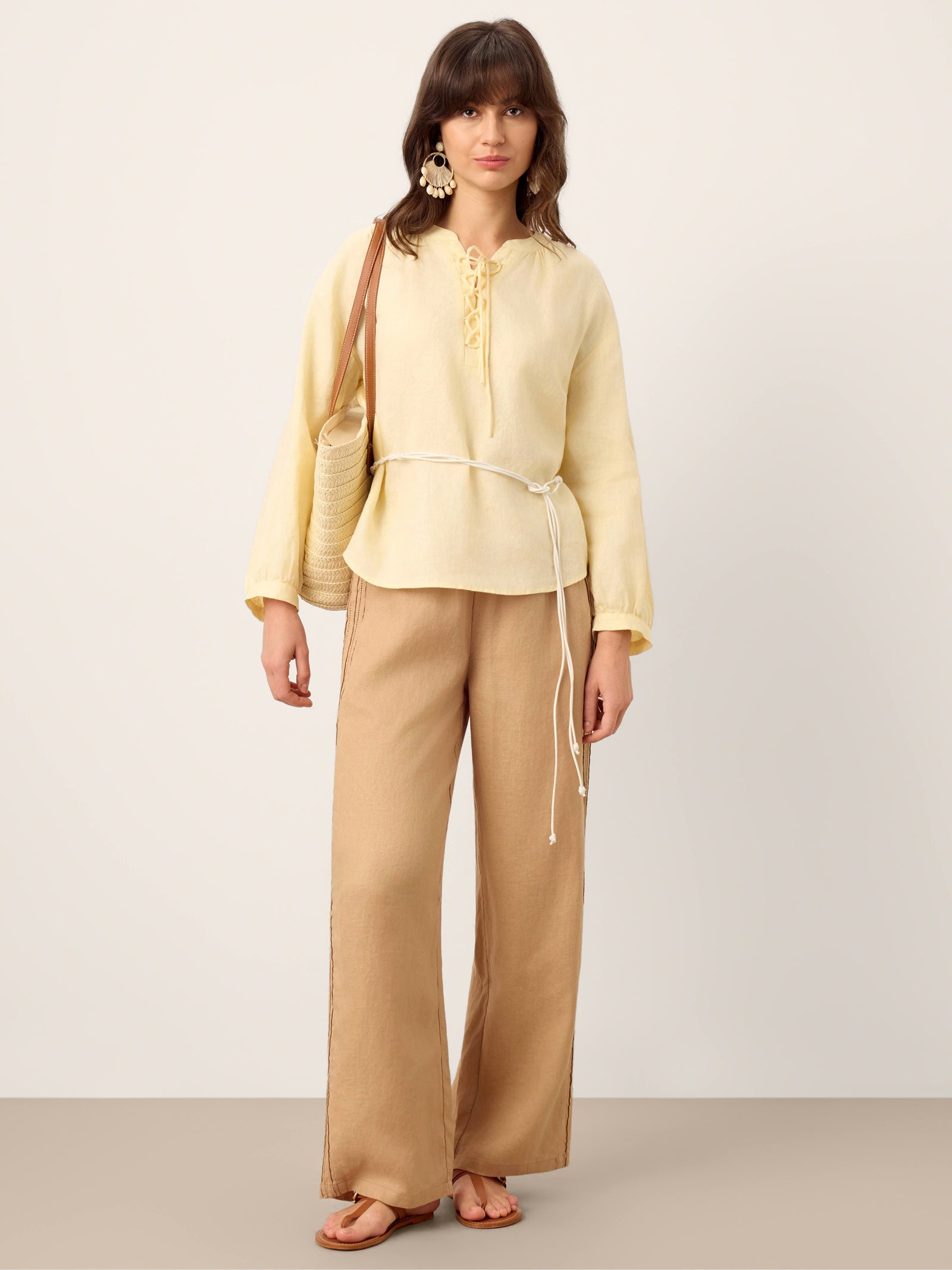 100% Linen Hemstitch Wide Leg Trousers LEONTINE