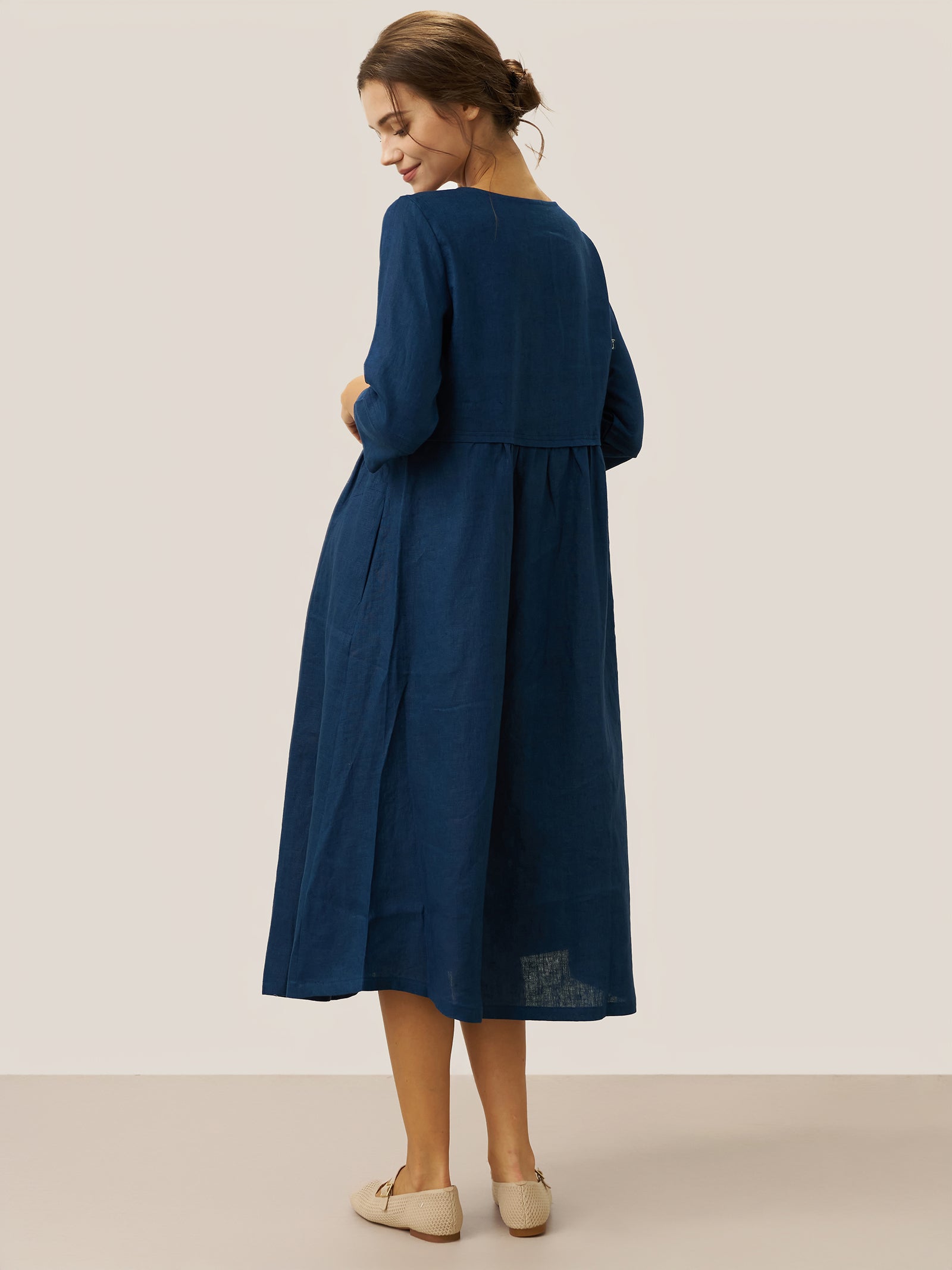 100% Linen Loose Fit Button Waist Gathered Maxi Dress LUNA