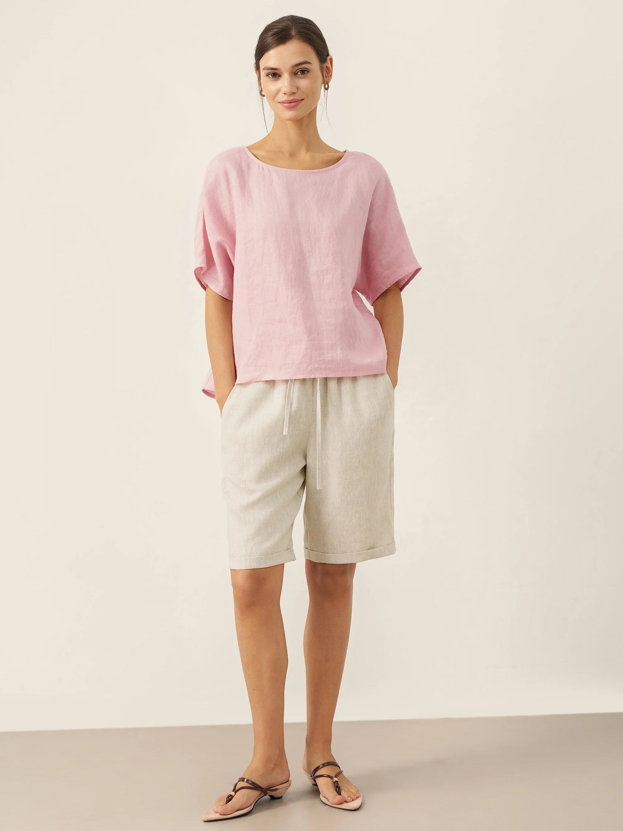 100% Linen Elastic Drawstring Waist Capri Pants XIMENA