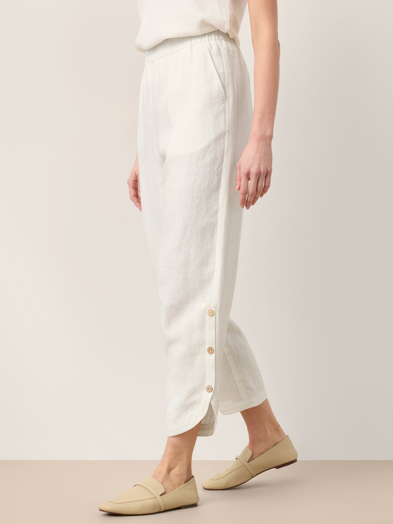 100% Linen Double Pleat Button Hem Pull-On Pants LINDSEY