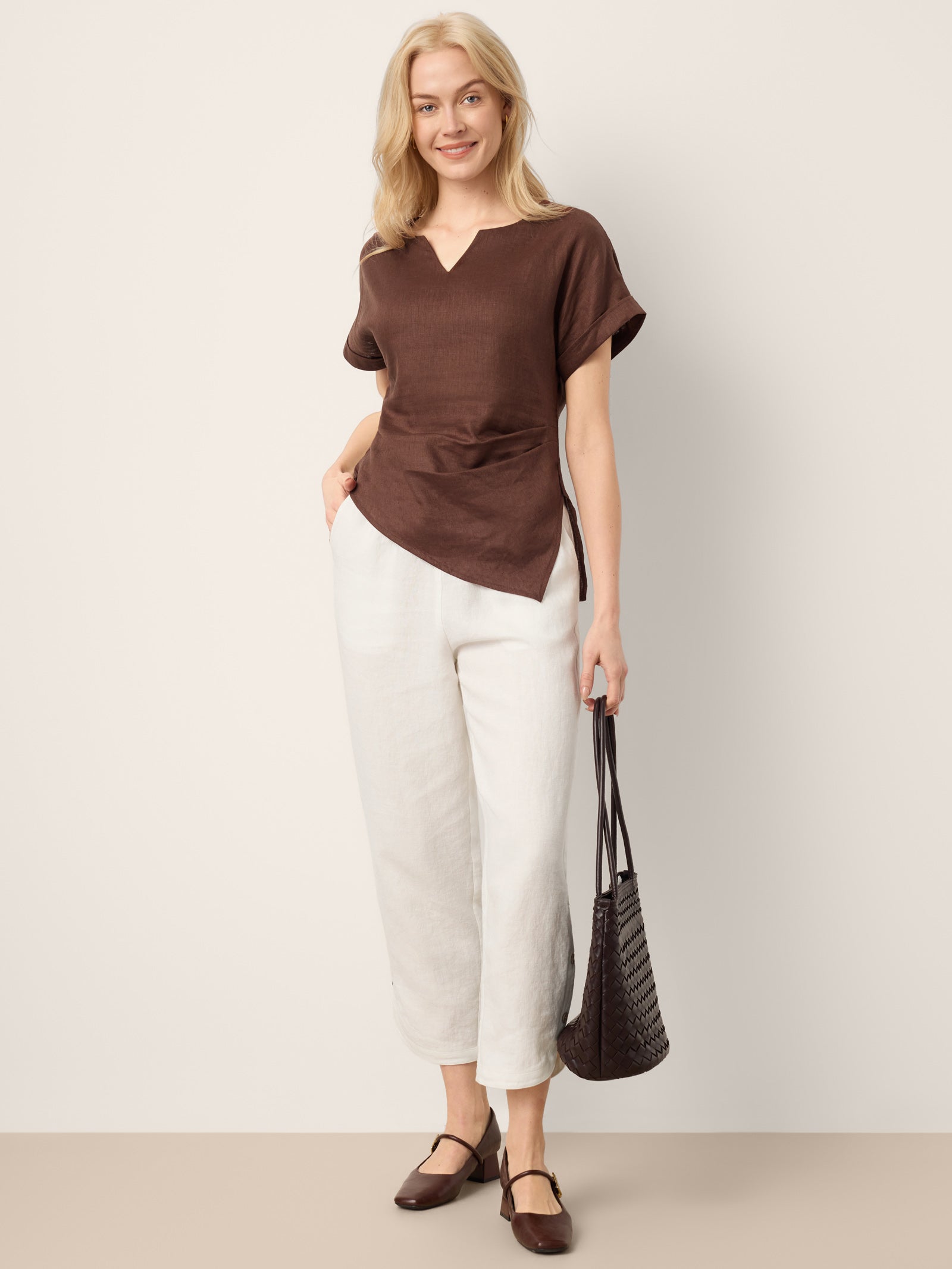 100% Linen Double Pleat Button Hem Pull-On Pants LINDSEY