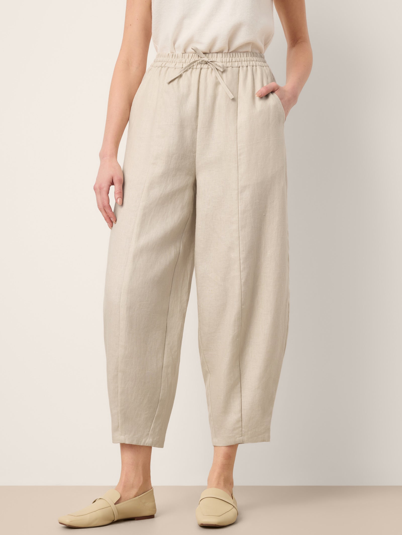 100% Linen Drawstring Waist Tapered Cropped Pants LANEY