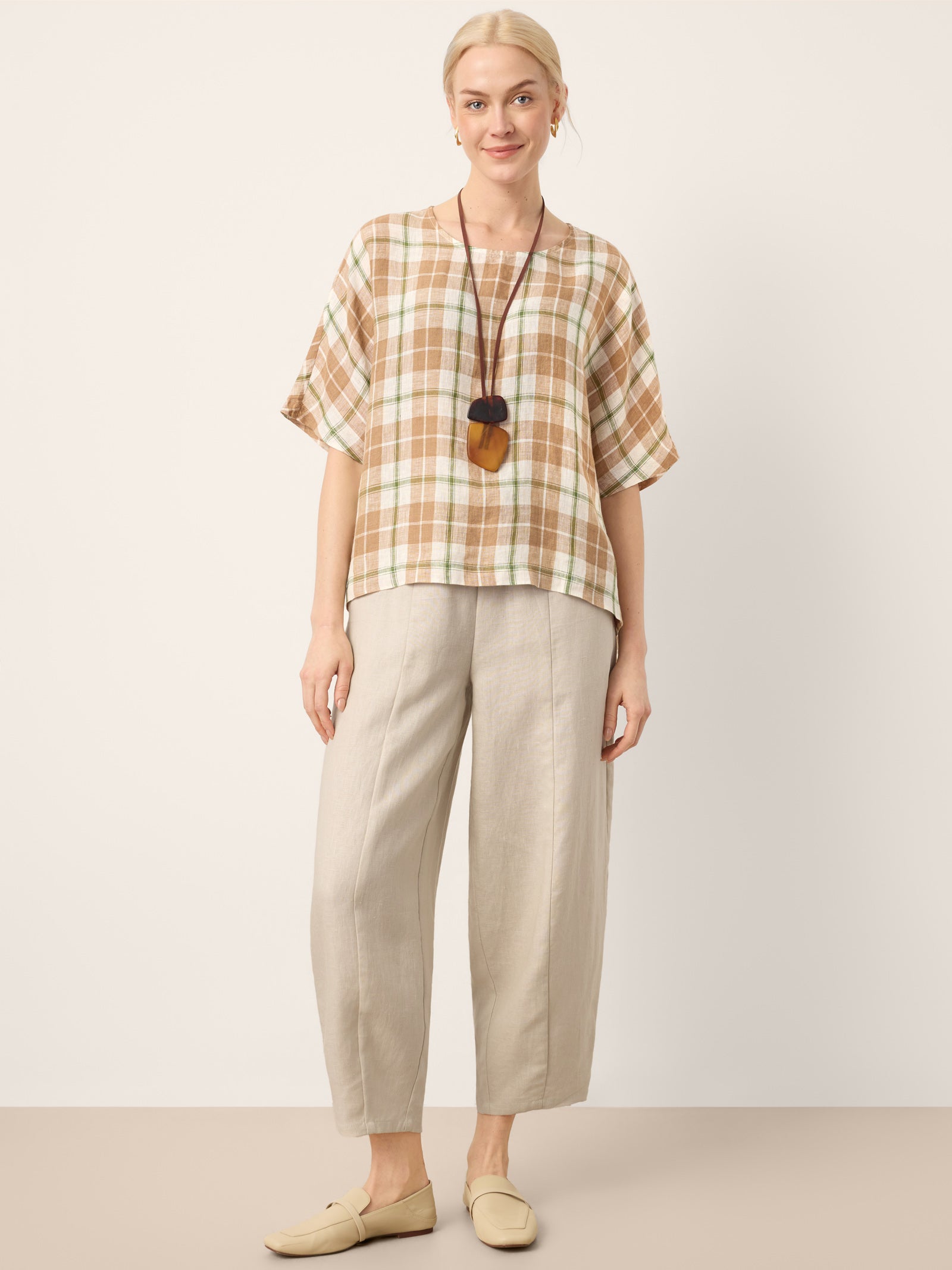 100% Linen Drawstring Waist Tapered Cropped Pants LANEY
