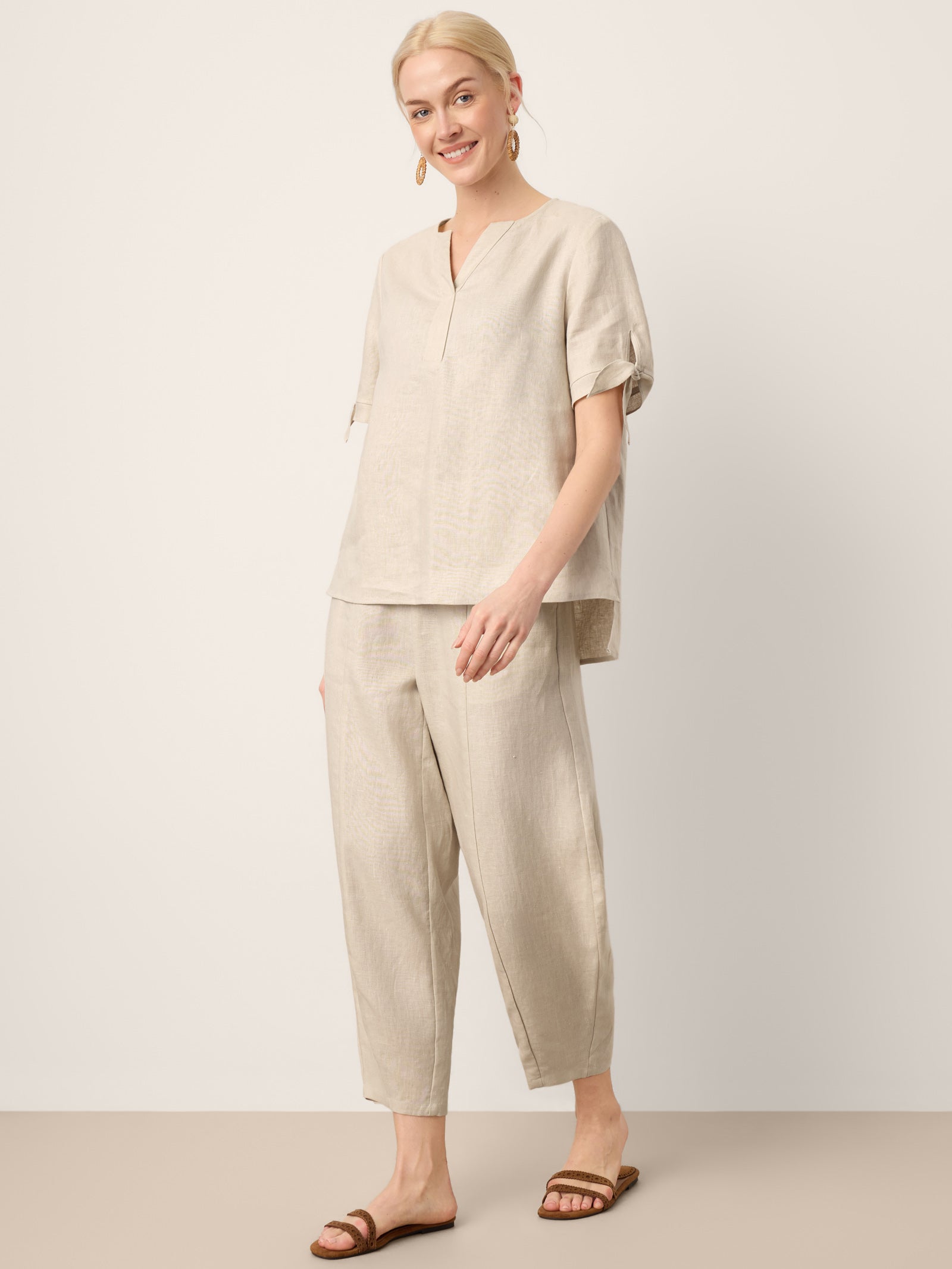 100% Linen Drawstring Waist Tapered Cropped Pants LANEY
