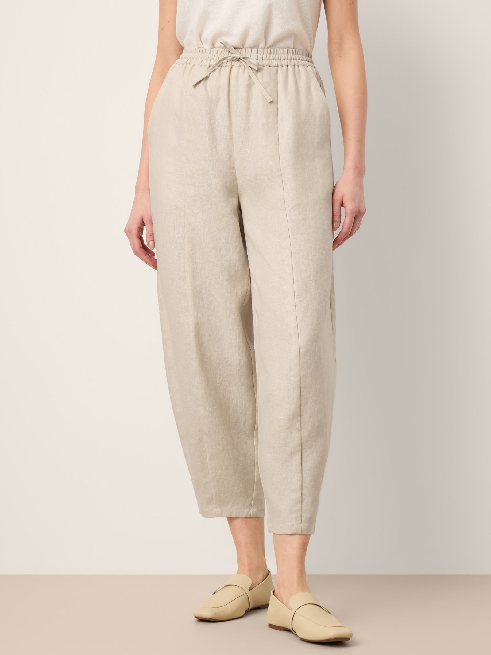 100% Linen Drawstring Waist Tapered Cropped Pants LANEY