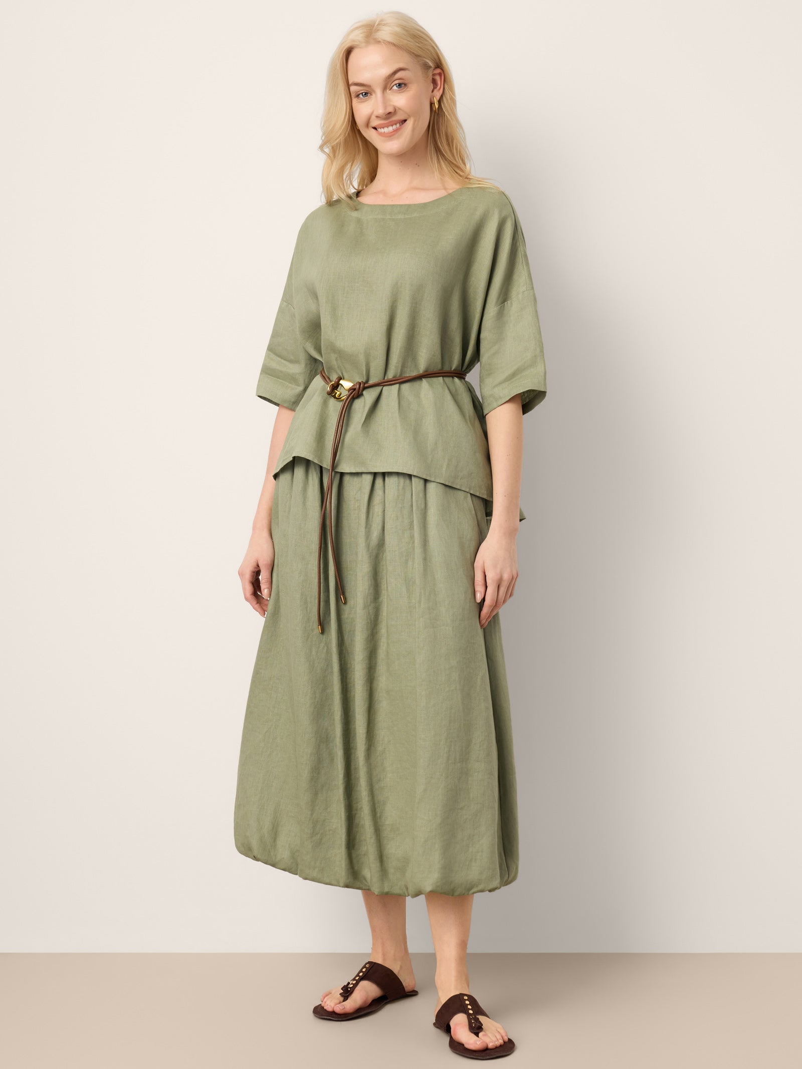 100% Linen Gathered Waist Bubble Hem A-Line Skirt LEONA