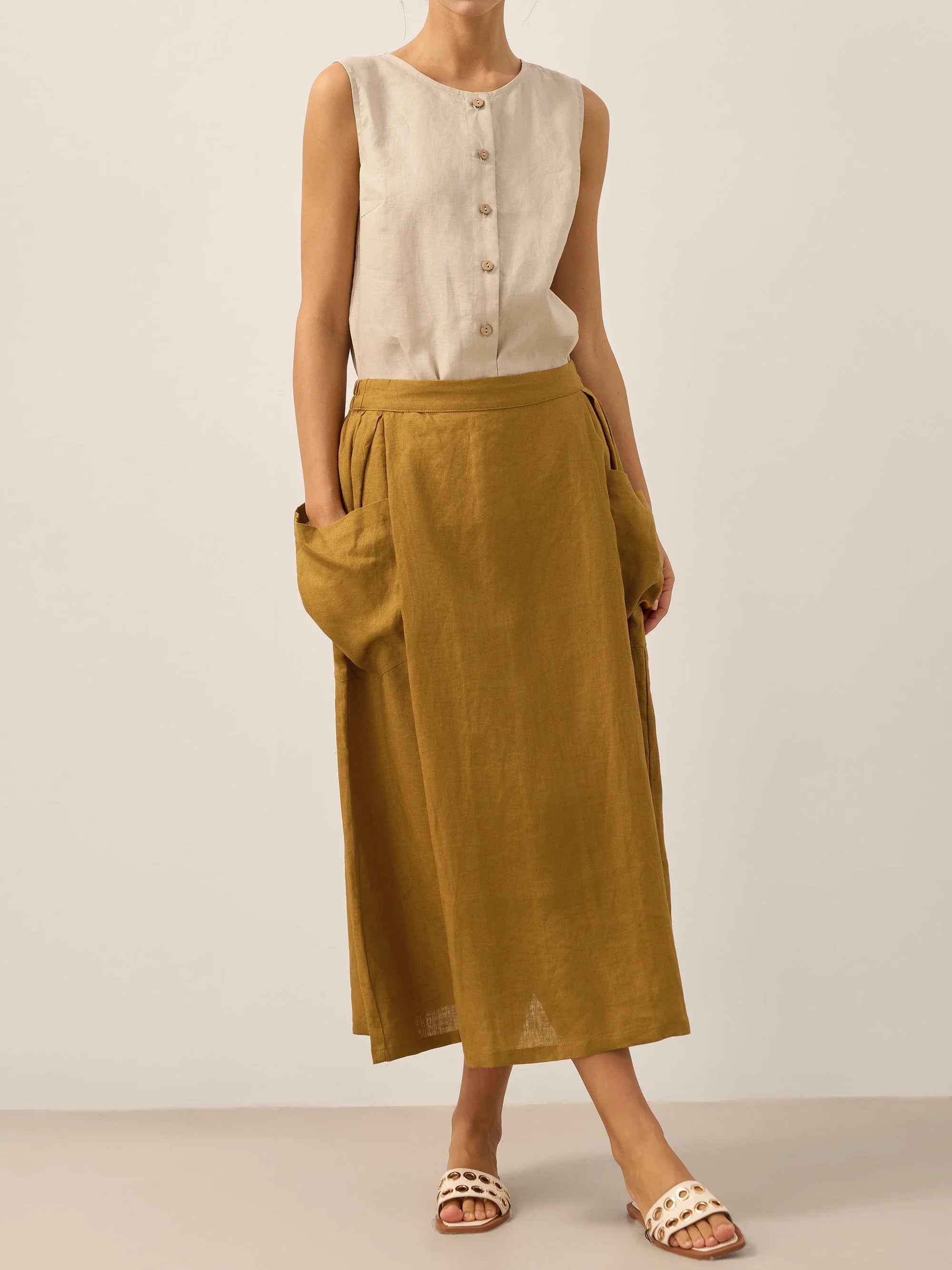 Linen Checked Elastic Waist Skirt ONYX