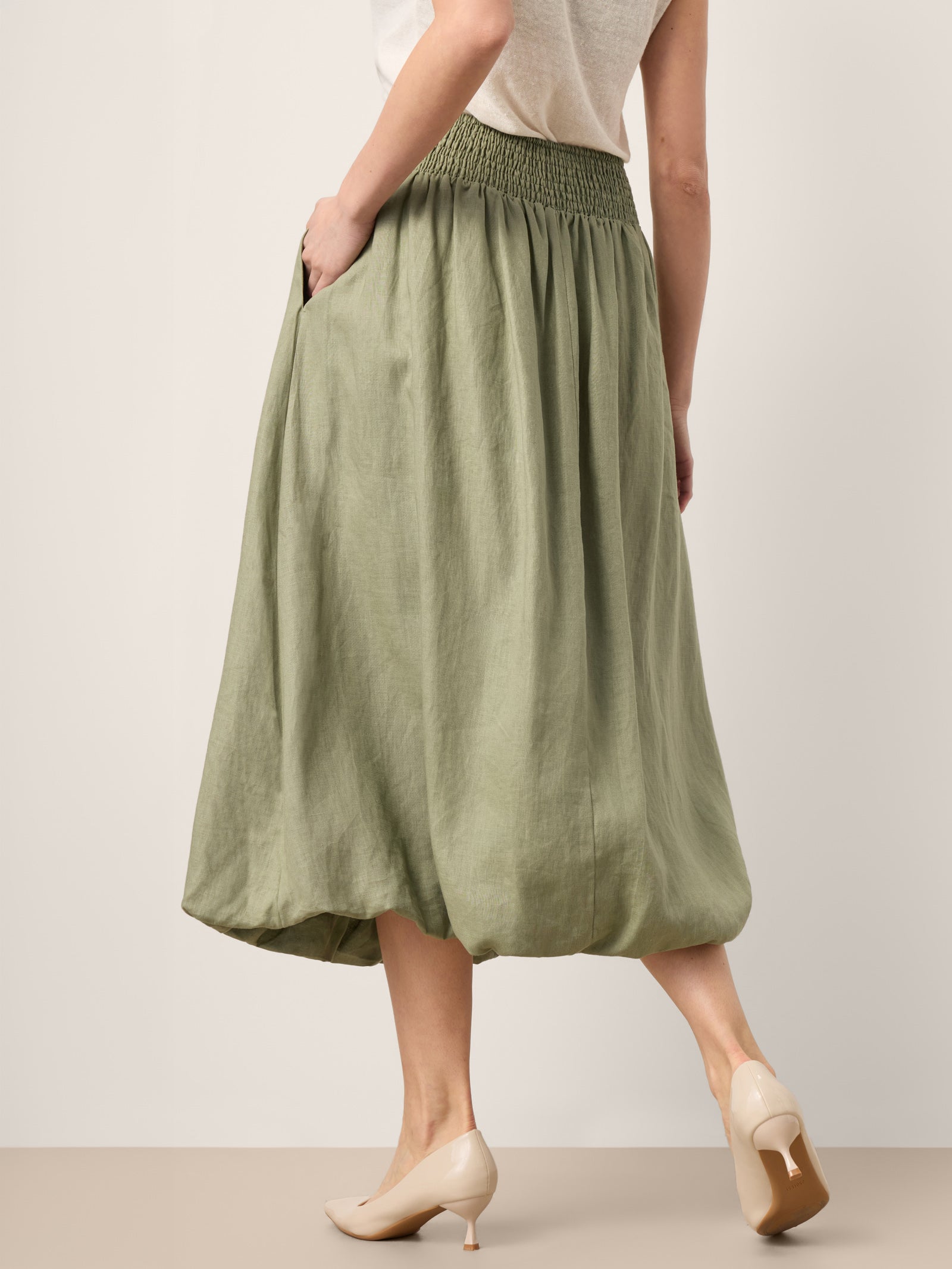 100% Linen Gathered Waist Bubble Hem A-Line Skirt LEONA