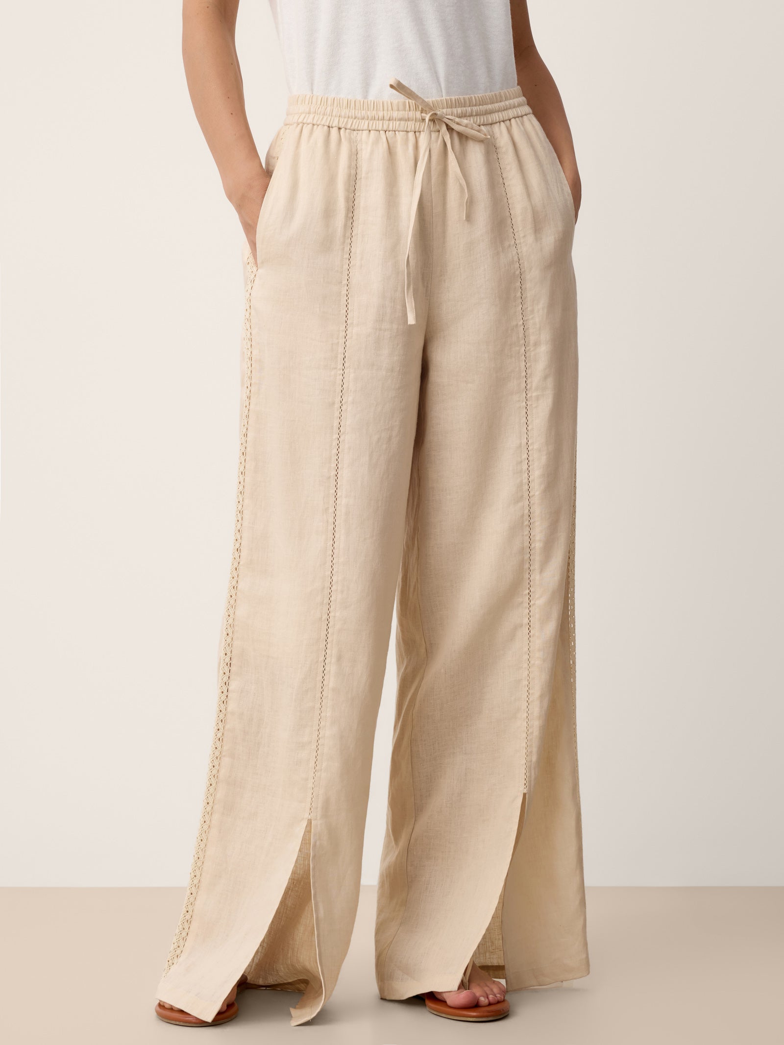 100% Linen Lace-Panel Split-Hem Pants BRONTE