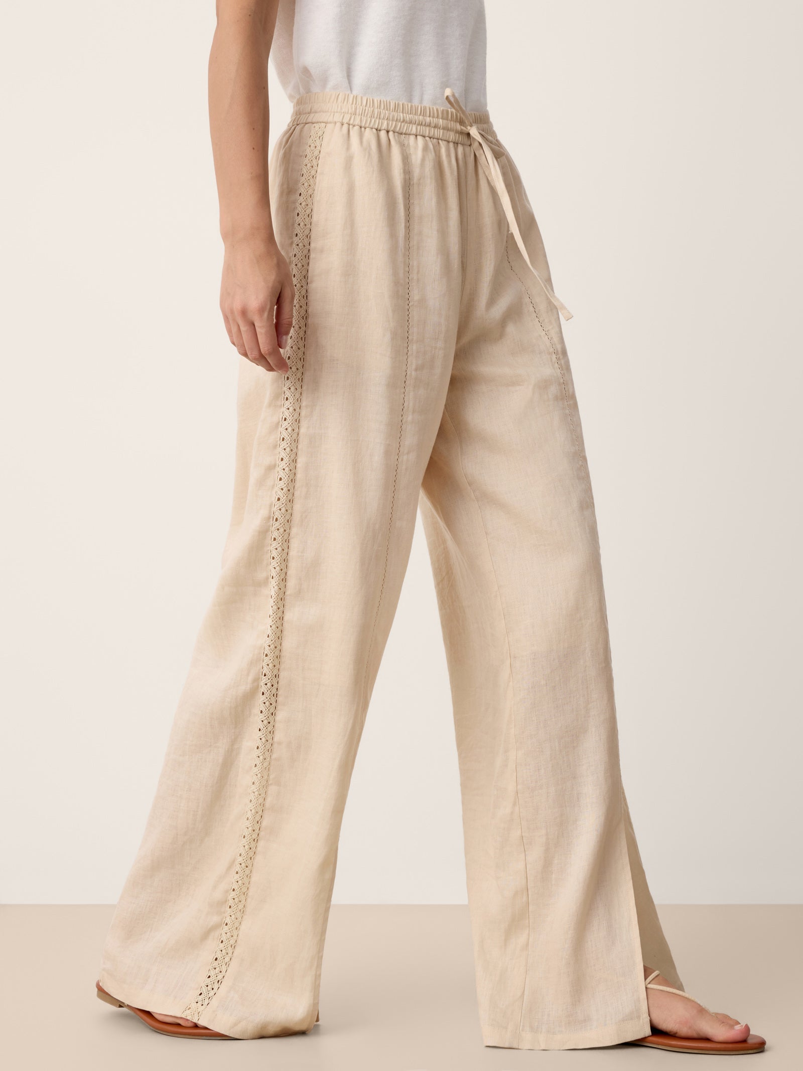 100% Linen Lace-Panel Split-Hem Pants BRONTE