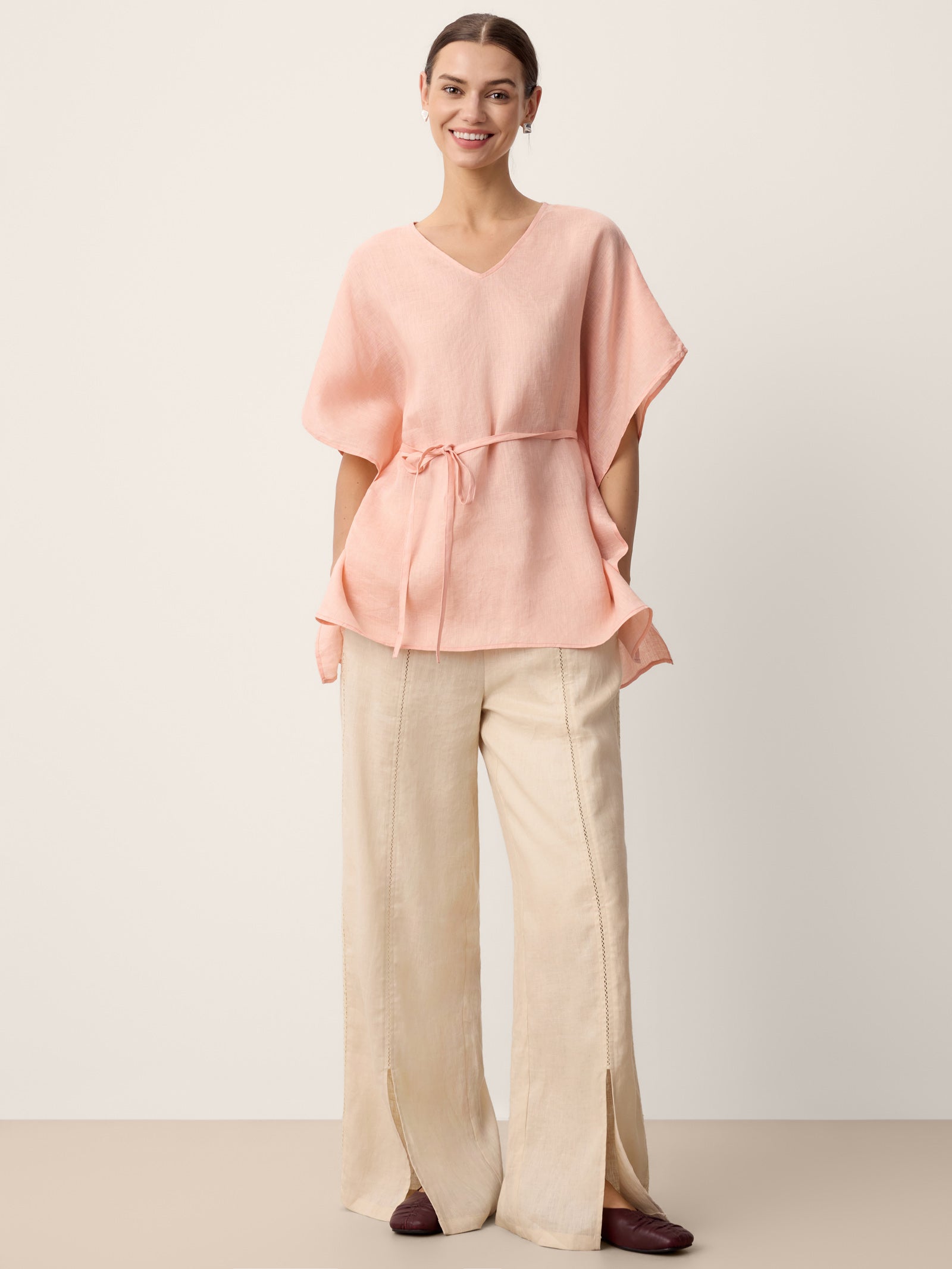 100% Linen Lace-Panel Split-Hem Pants BRONTE