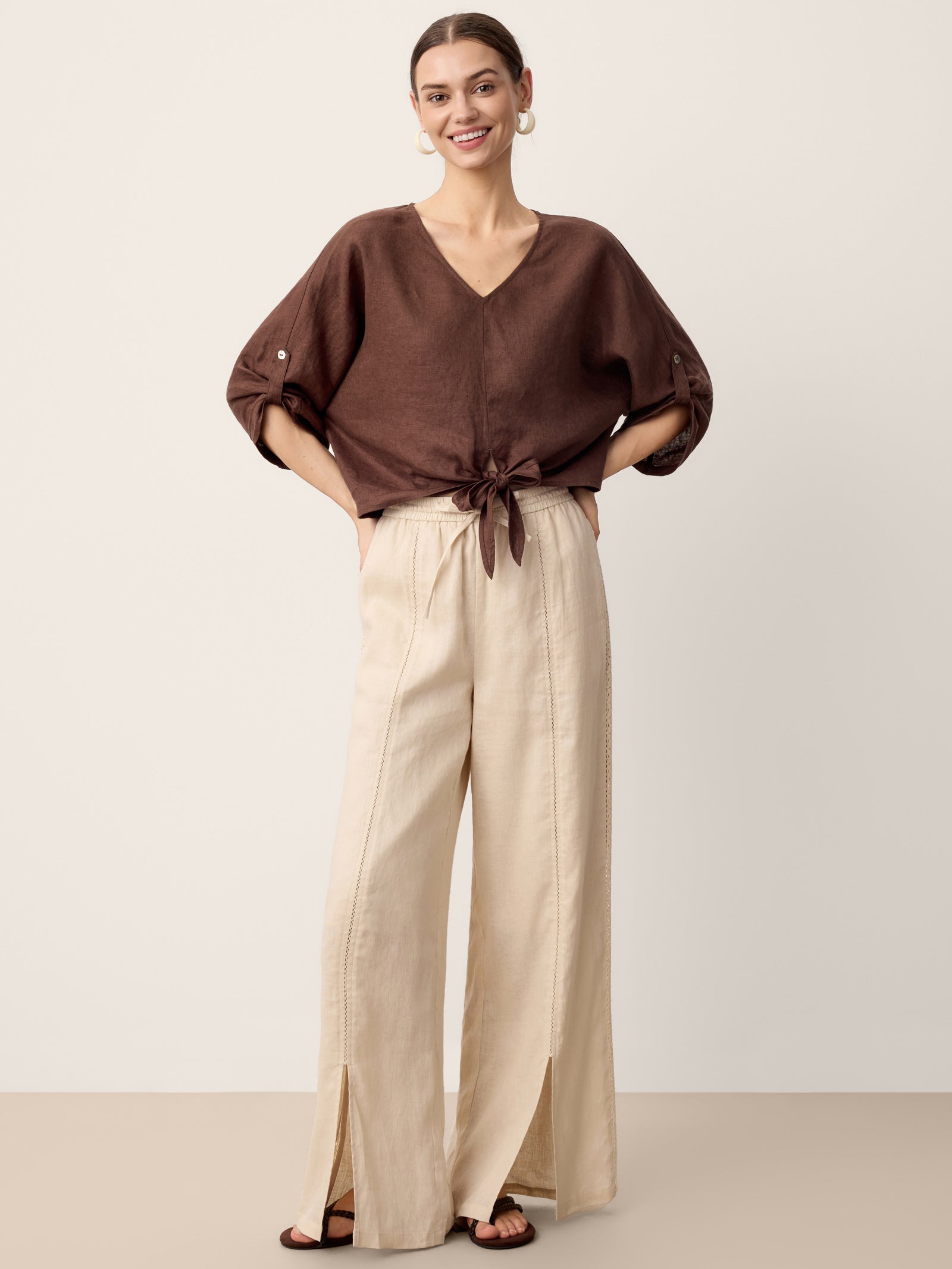 100% Linen Lace-Panel Split-Hem Pants BRONTE