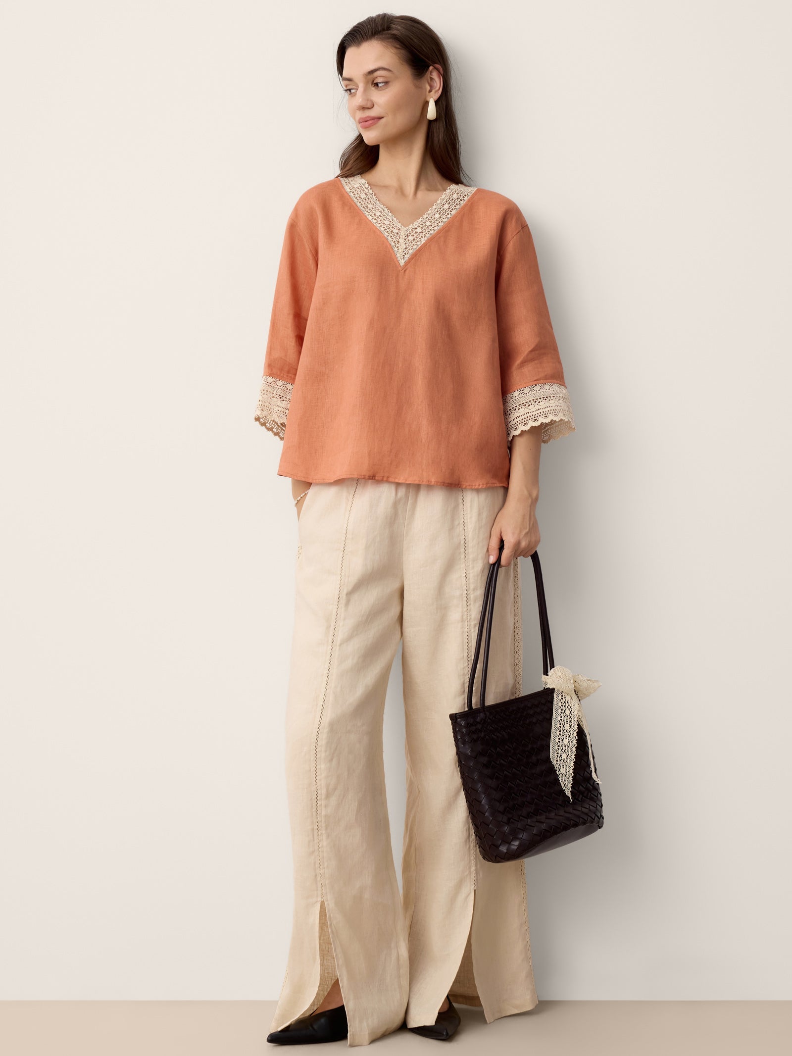 100% Linen Lace-Panel Split-Hem Pants BRONTE