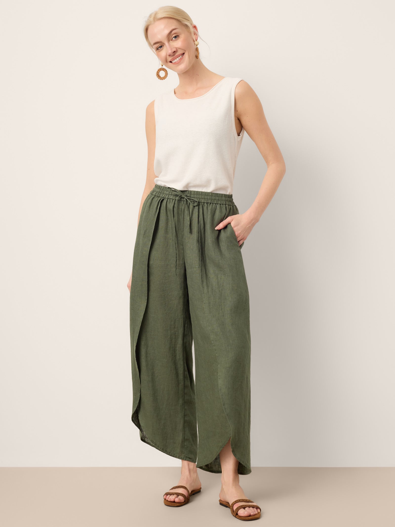 100% Linen Layered Slit Wide-Leg Drawstring Pants PEREGRINE