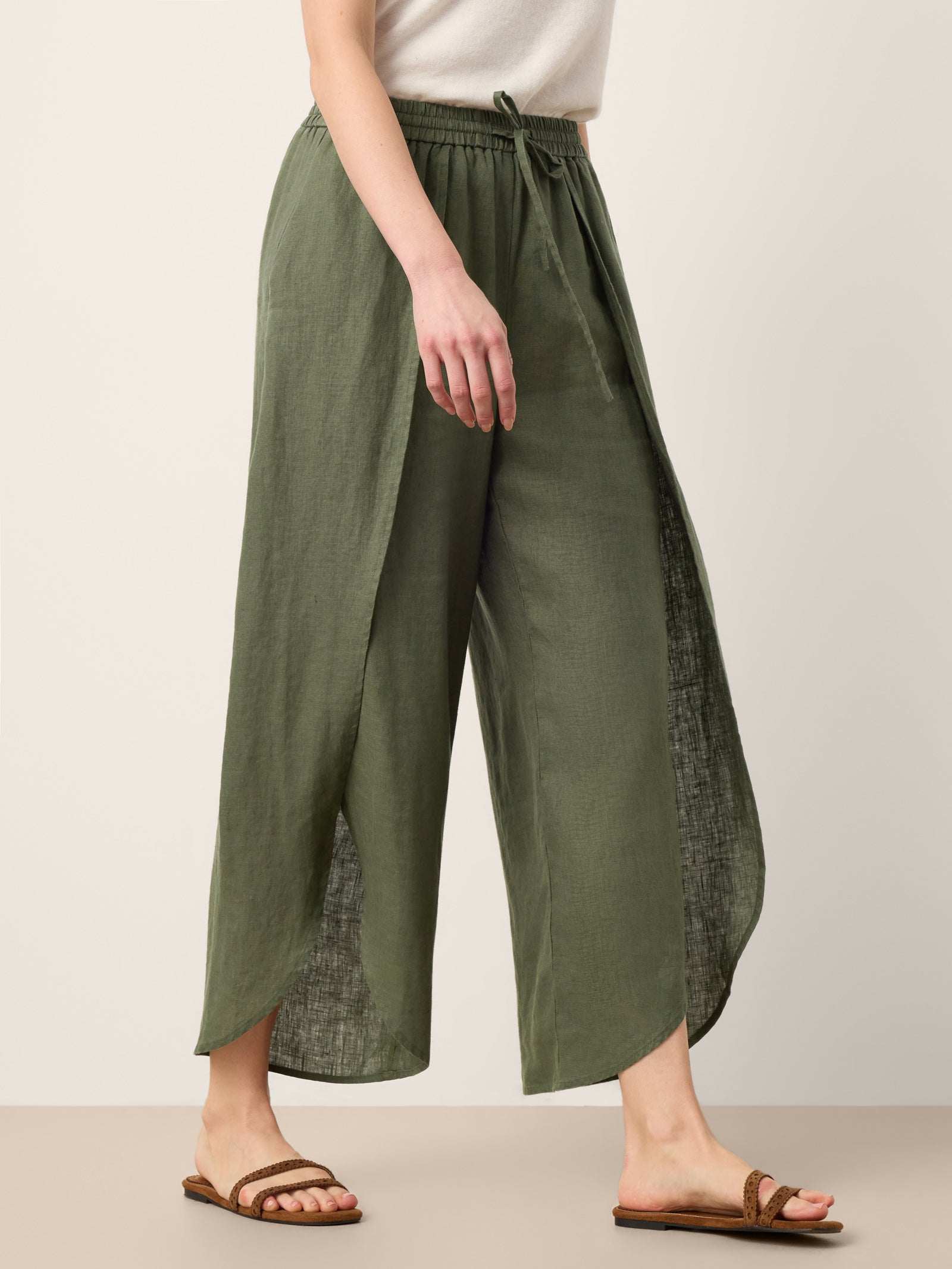 100% Linen Layered Slit Wide-Leg Drawstring Pants PEREGRINE