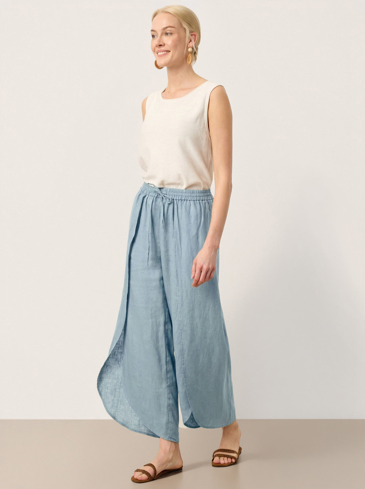 100% Linen Layered Slit Wide-Leg Drawstring Pants PEREGRINE