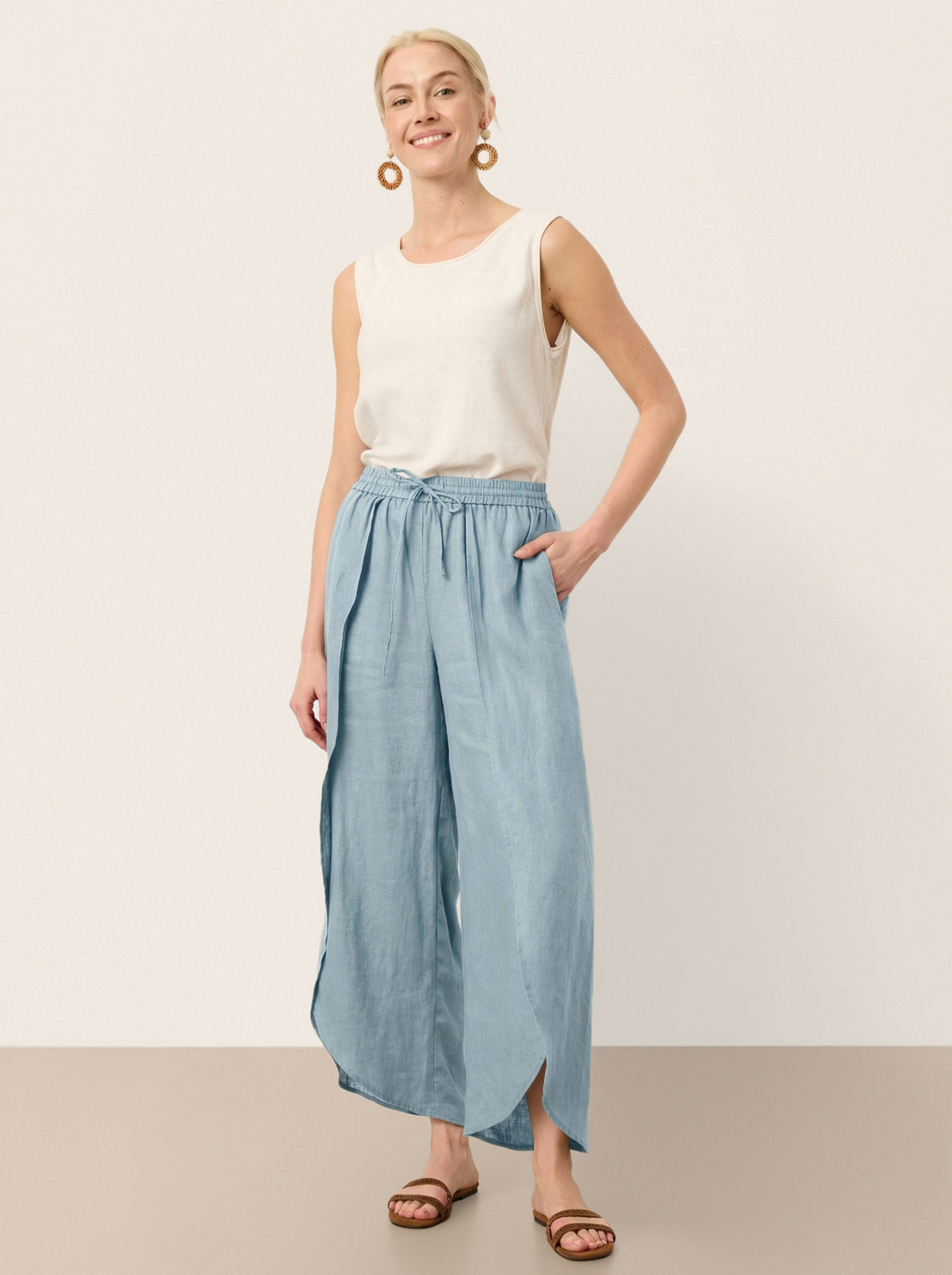 100% Linen Layered Slit Wide-Leg Drawstring Pants PEREGRINE