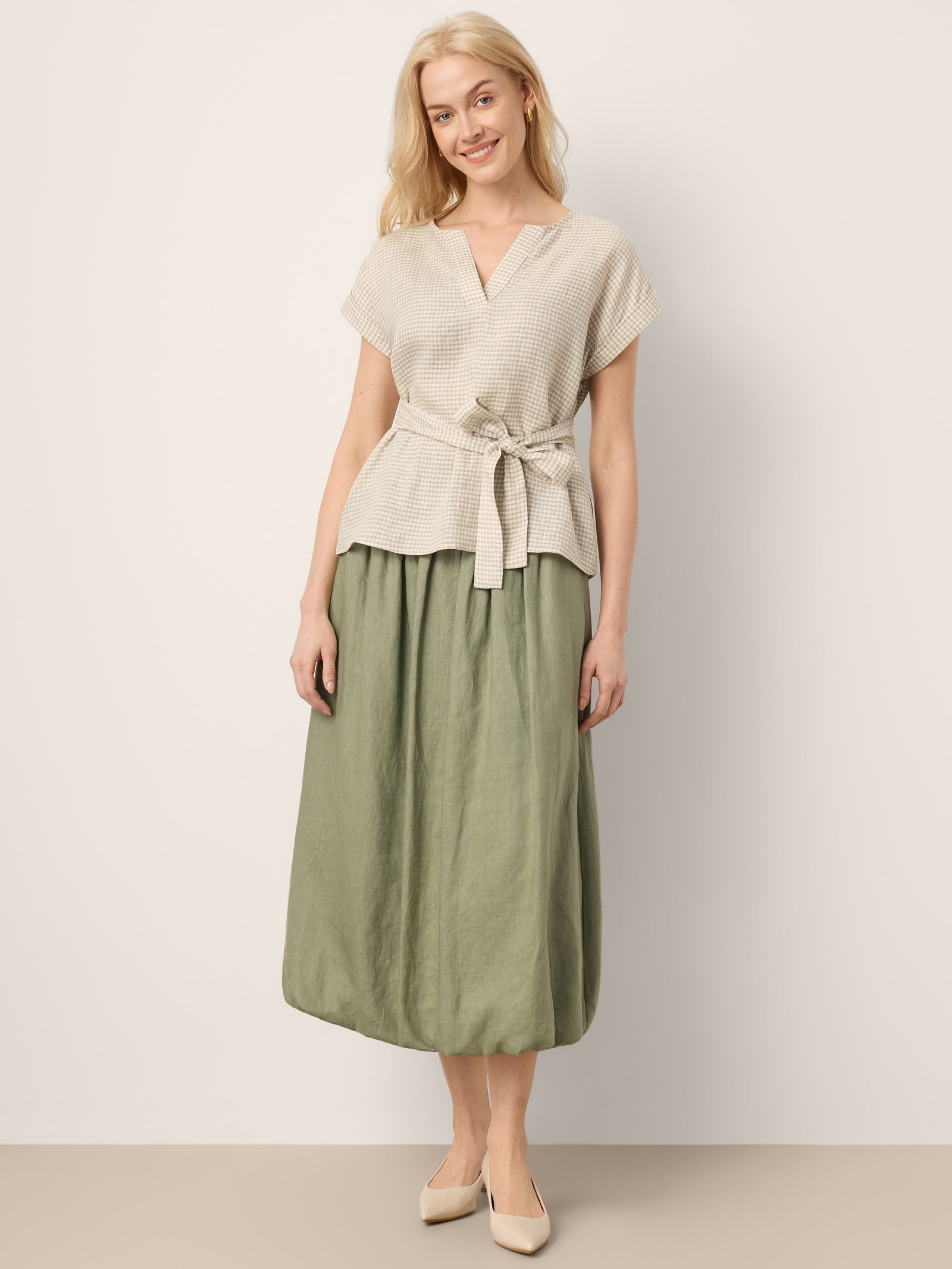 100% Linen Gathered Waist Bubble Hem A-Line Skirt LEONA