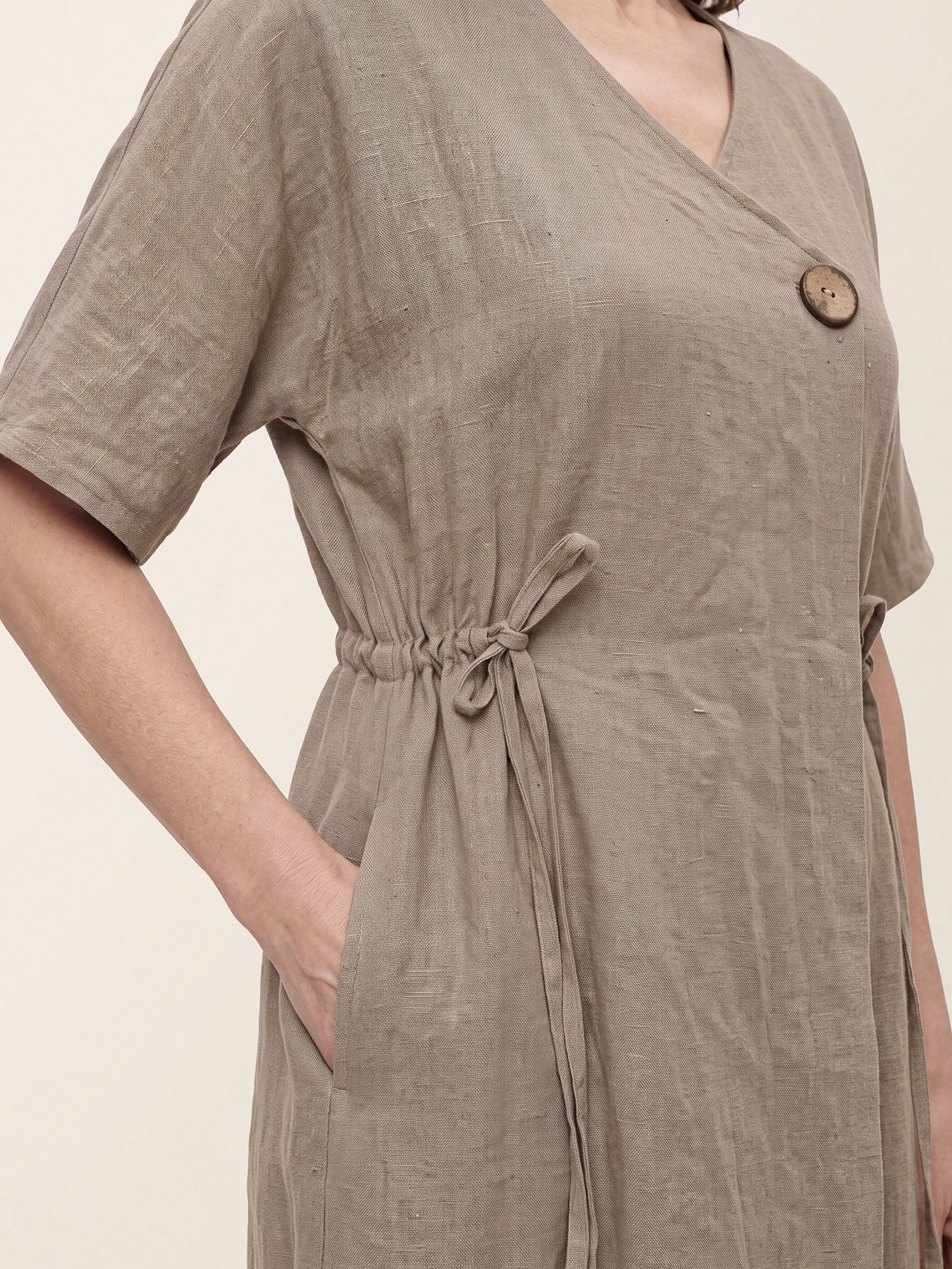 100% Linen Wrap Front Drawstring Waist Midi Dress MARIELLE