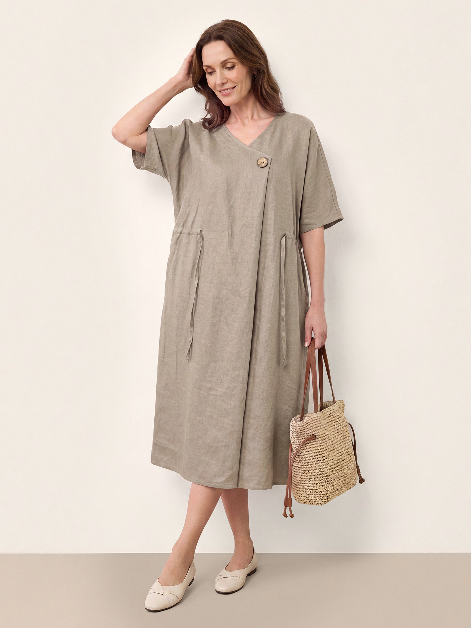 100% Linen Wrap Front Drawstring Waist Midi Dress MARIELLE