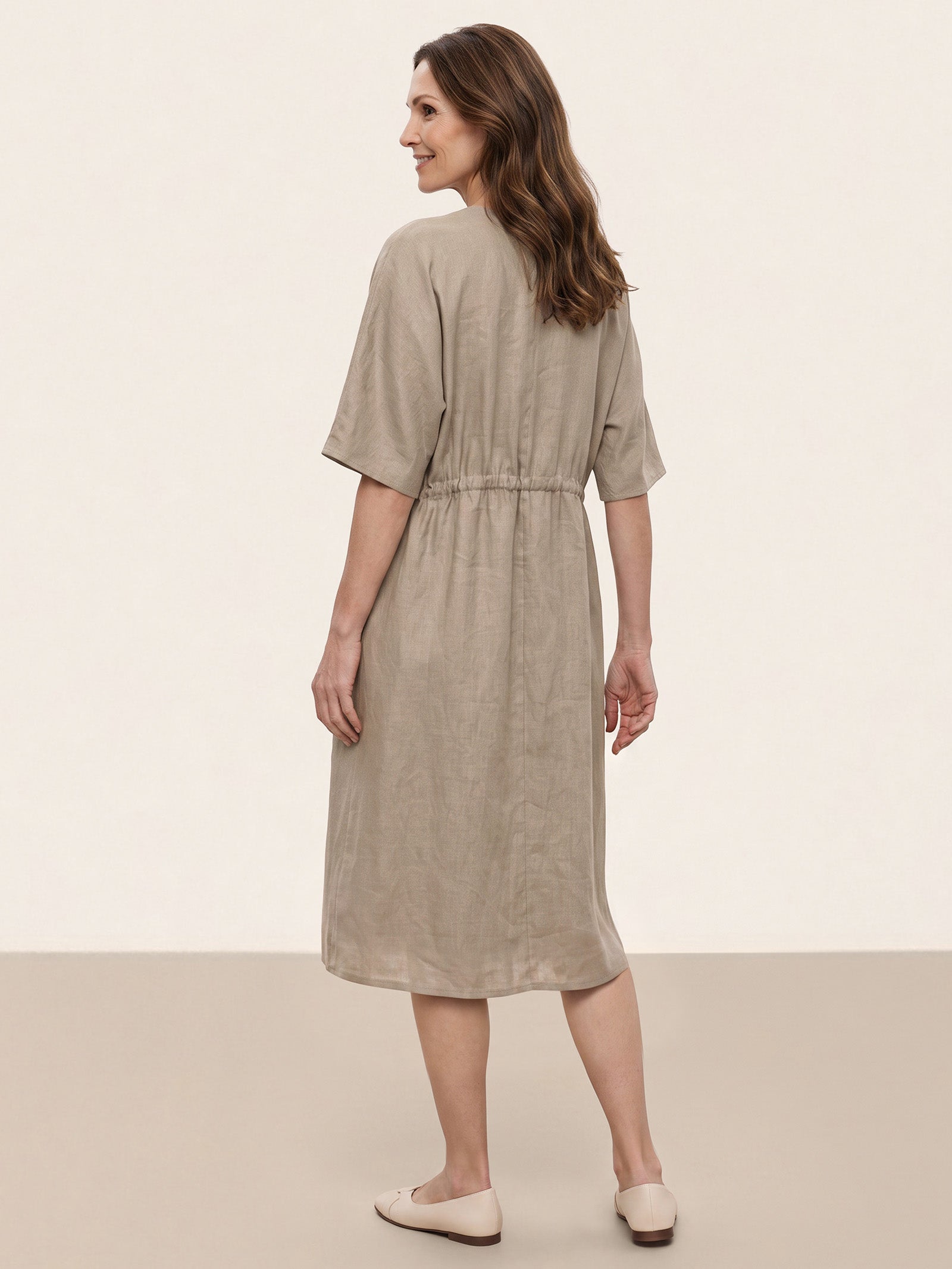 100% Linen Wrap Front Drawstring Waist Midi Dress MARIELLE