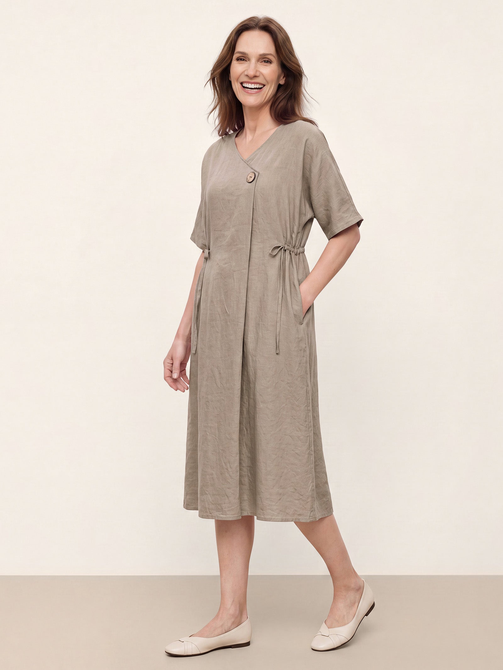 100% Linen Wrap Front Drawstring Waist Midi Dress MARIELLE