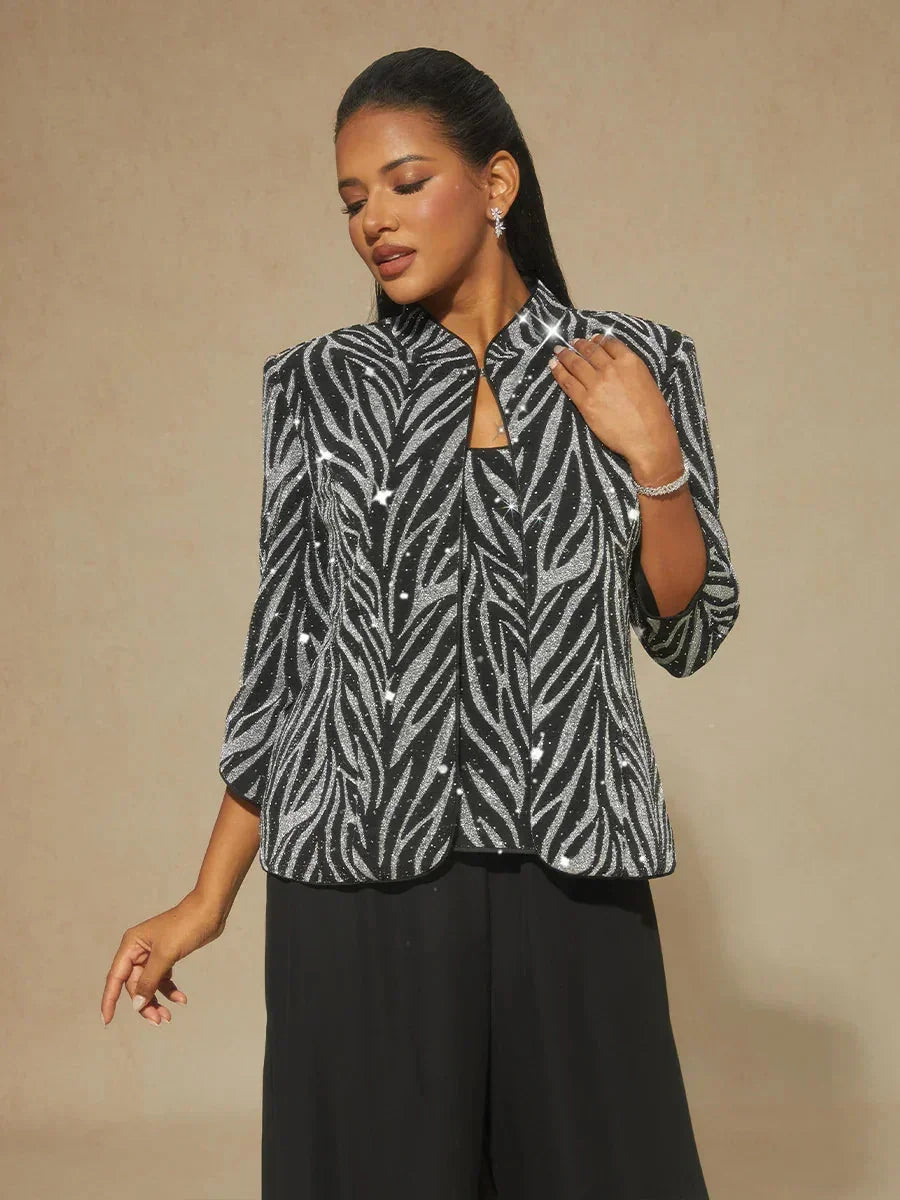 Mandarin Collar Twinset with Rhinestone-Embellished Zebra Print
