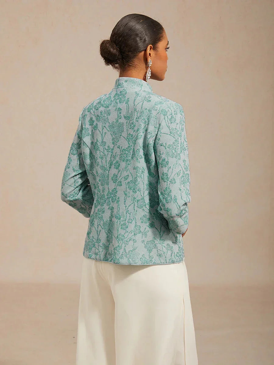 Mandarin Collar Twinset with Rhinestone-Embellished Zebra Print