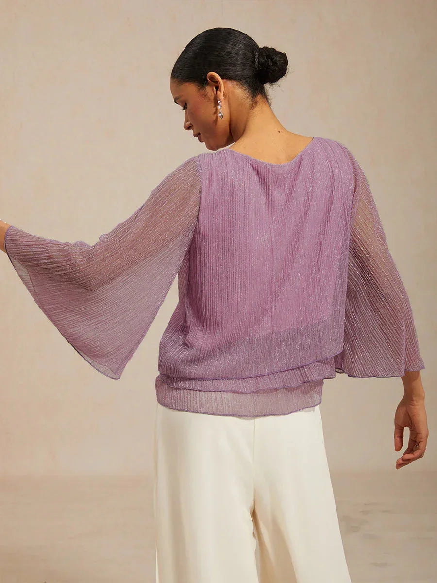 Metallisch Geplooide Chiffon Asymmetrische Gelaagde Blouse