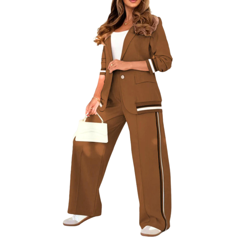 SUZETTE™ – Elegant Patchwork Lapel Neck Top and Elastic Waist Trouser Set