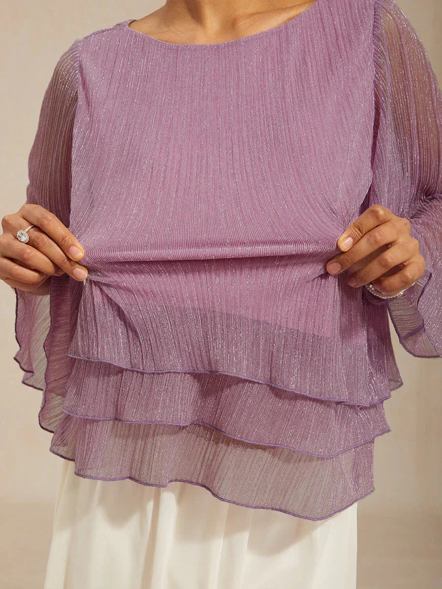 Metallic Geplooide Chiffon Asymmetrische Gelaagde Blouse