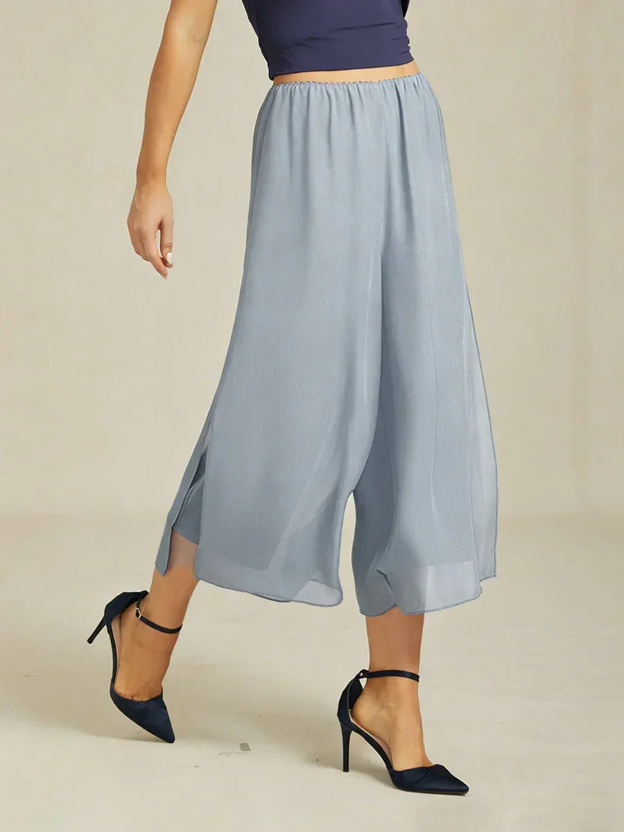 Cropped lengte rechte pijp broek met chiffon split pijp overlay
