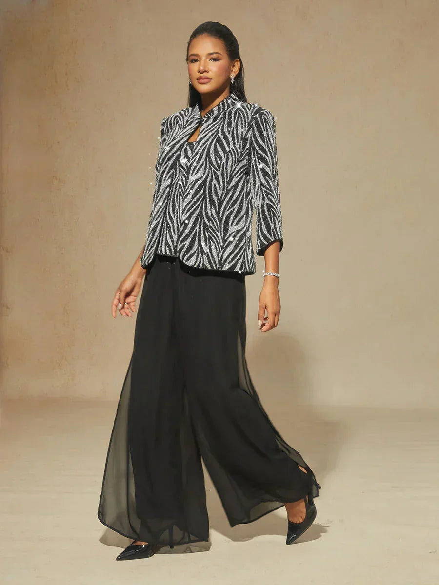 Elegant Twinset Met Mandarijnkraag En Zebraprint Met Strasssteentjes
