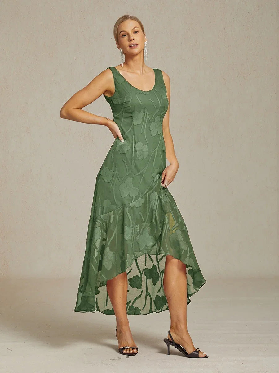 Bloemenchiffon Mouwloze Avondjurk met Asymmetrische Zoom