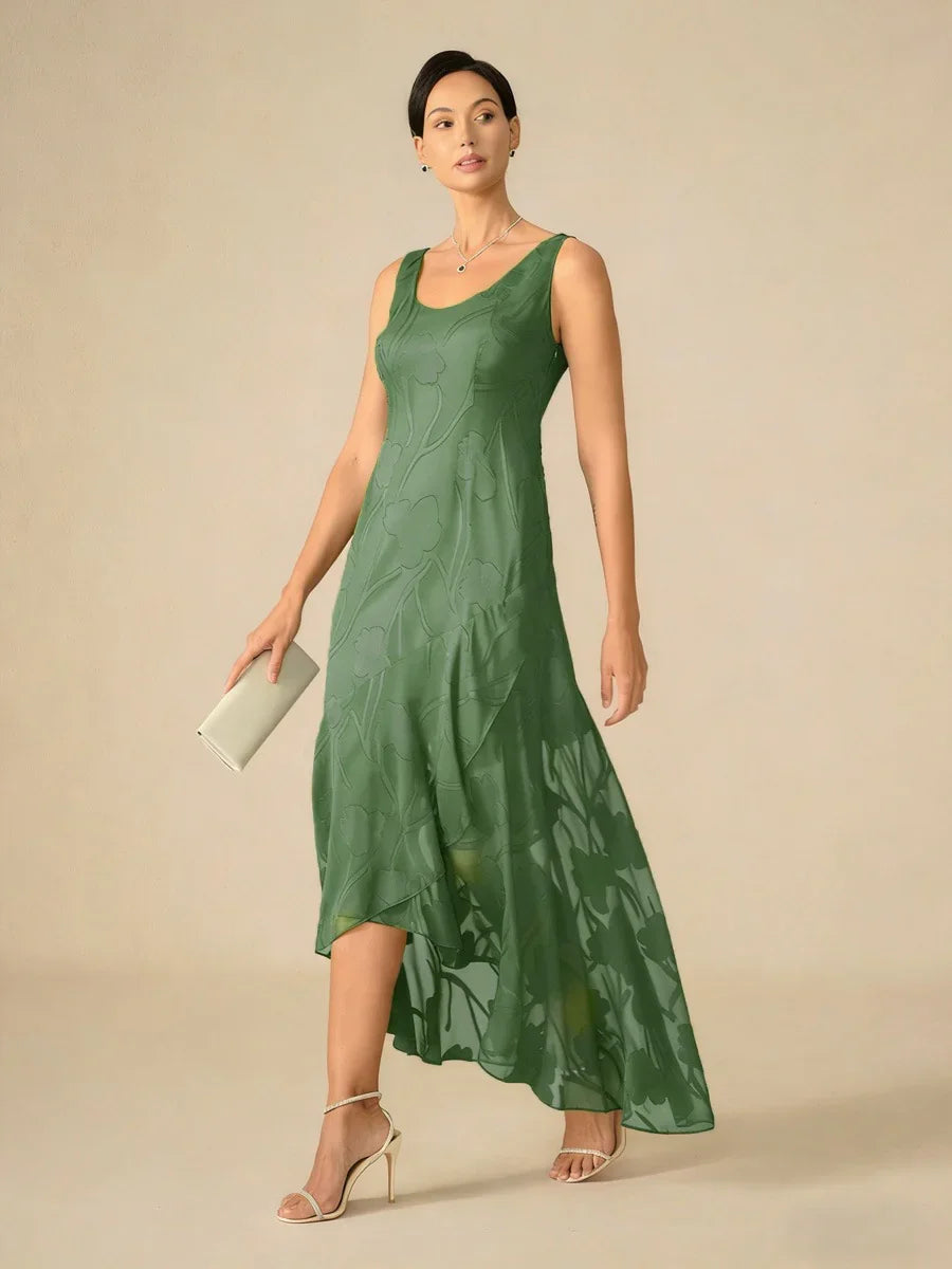 Floral Chiffon Sleeveless Evening Gown with Asymmetrical Hem