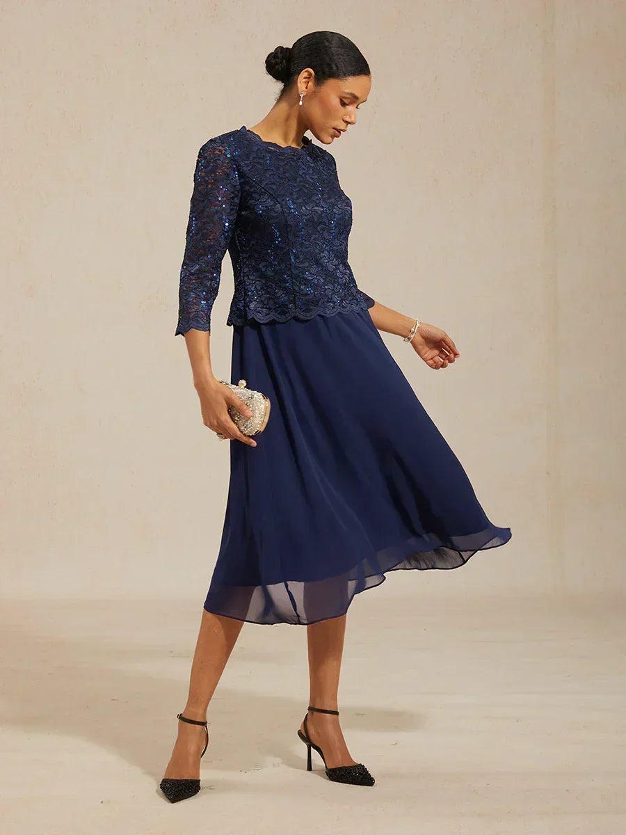 Elegante kanten en chiffon theelange jurk