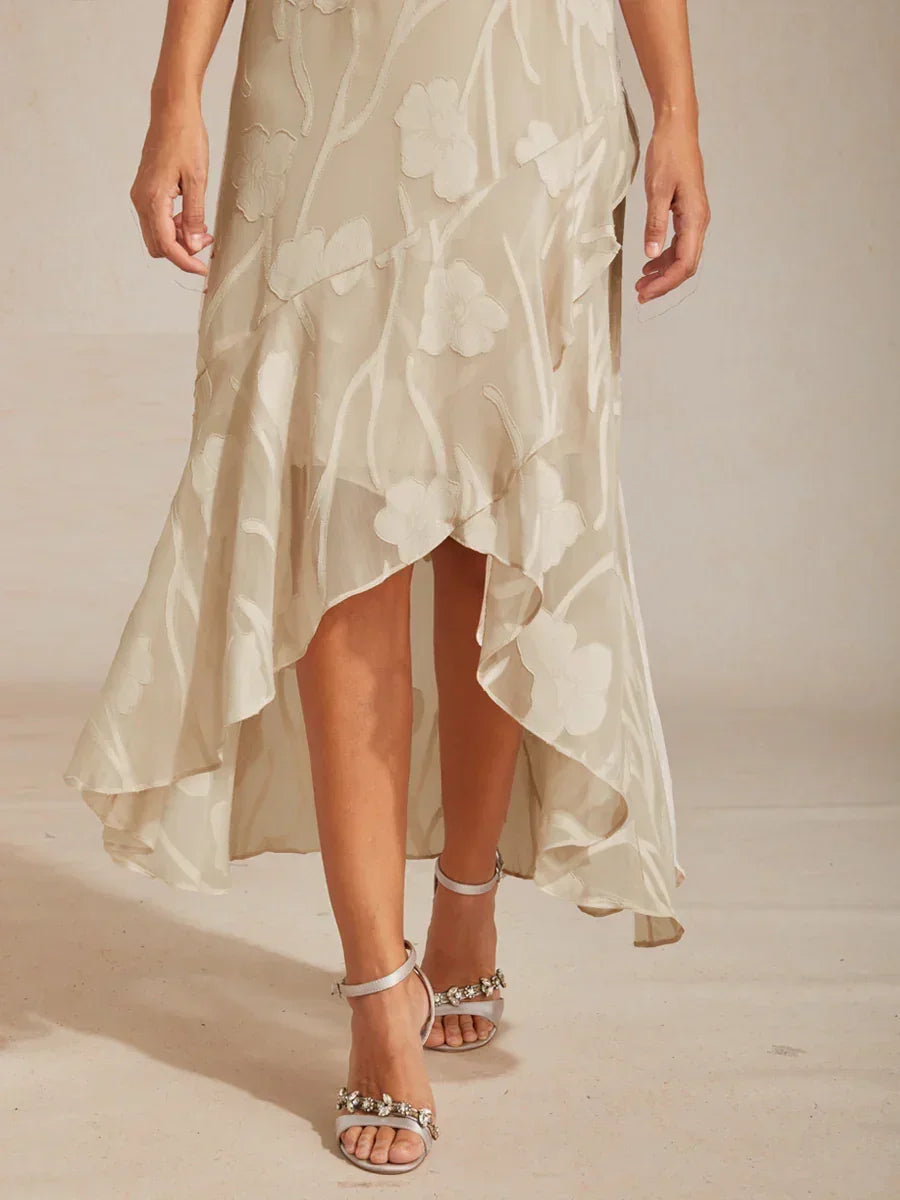 Bloemenchiffon Mouwloze Avondjurk met Asymmetrische Zoom