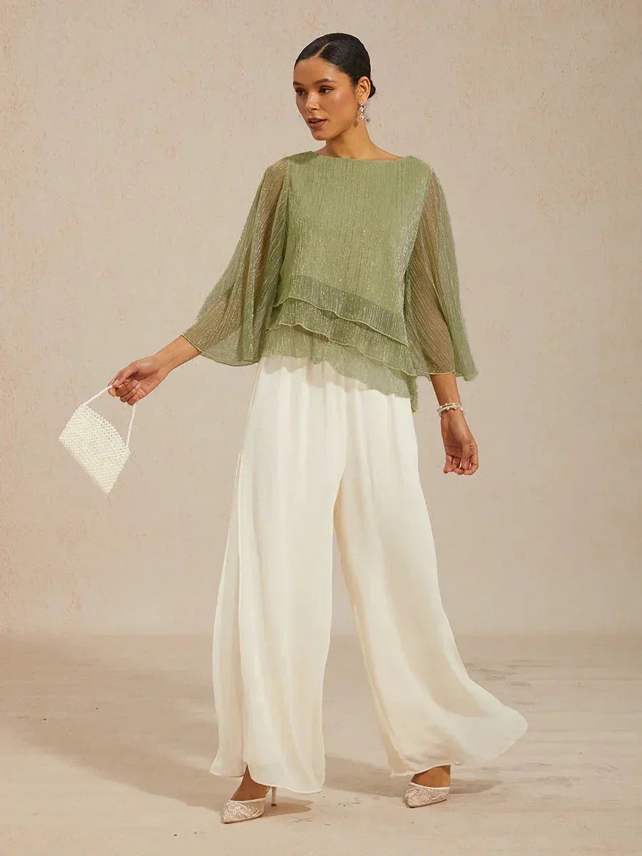 Metallische Geplooide Chiffon Asymmetrische Gelaagde Blouse
