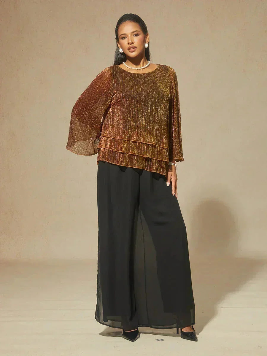 Metallische Geplooide Chiffon Asymmetrische Gelaagde Blouse