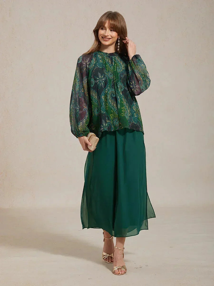 Cropped Length Straight Leg Pant With Chiffon Split Leg Overlay