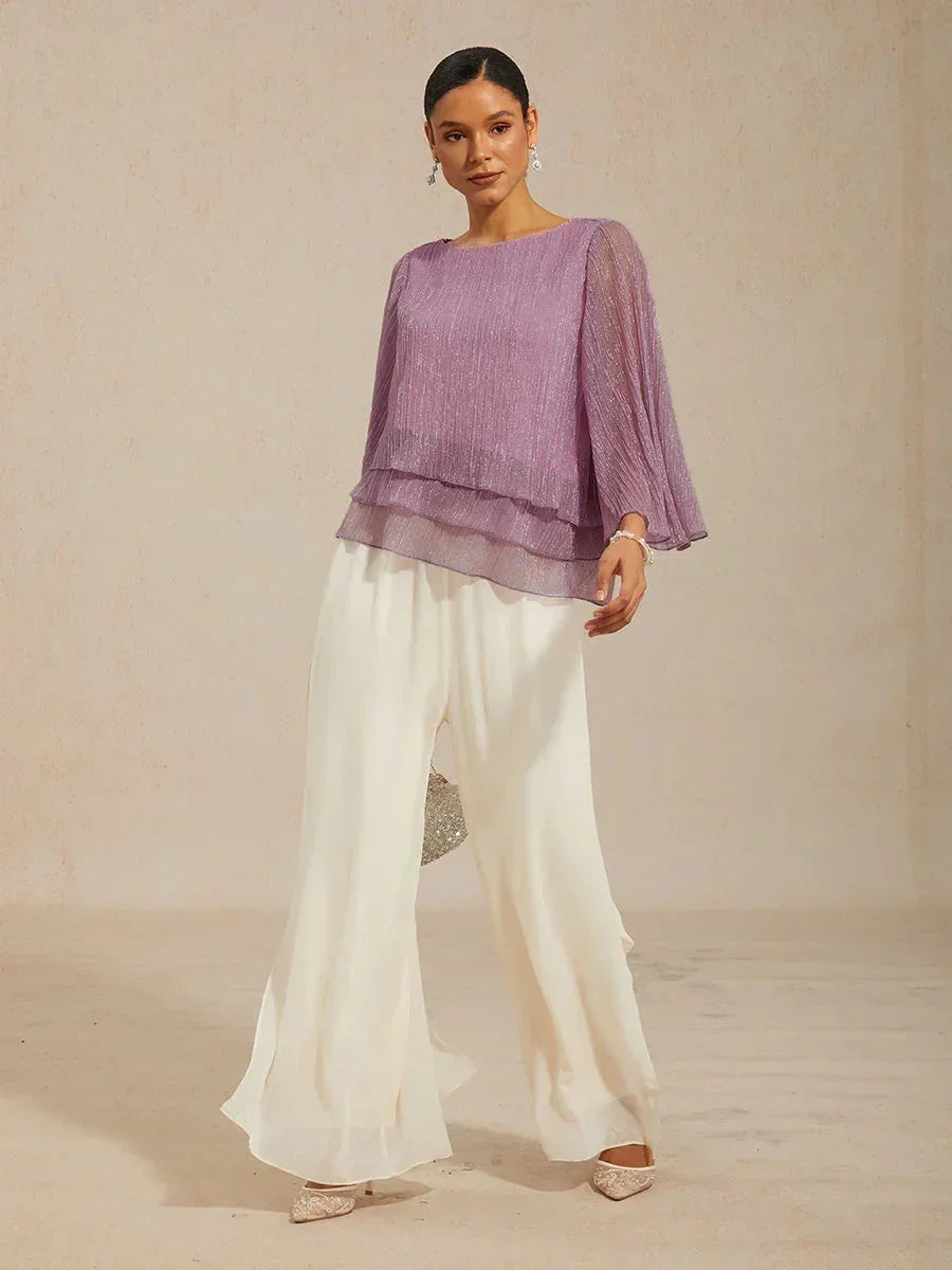 Metallische Geplooide Chiffon Asymmetrische Gelaagde Blouse