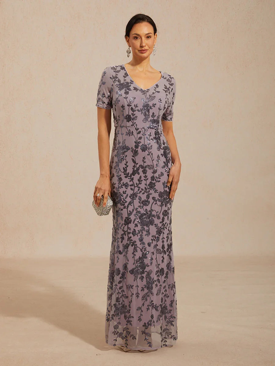 Dames Maxi-jurk Schedejurk Trompet Zeemeerminjurk Elegant Avondjurk Pailletten Kant Geborduurd Normale Pasvorm Bloemmotief Korte Mouwen Ronde Hals IJsorchidee