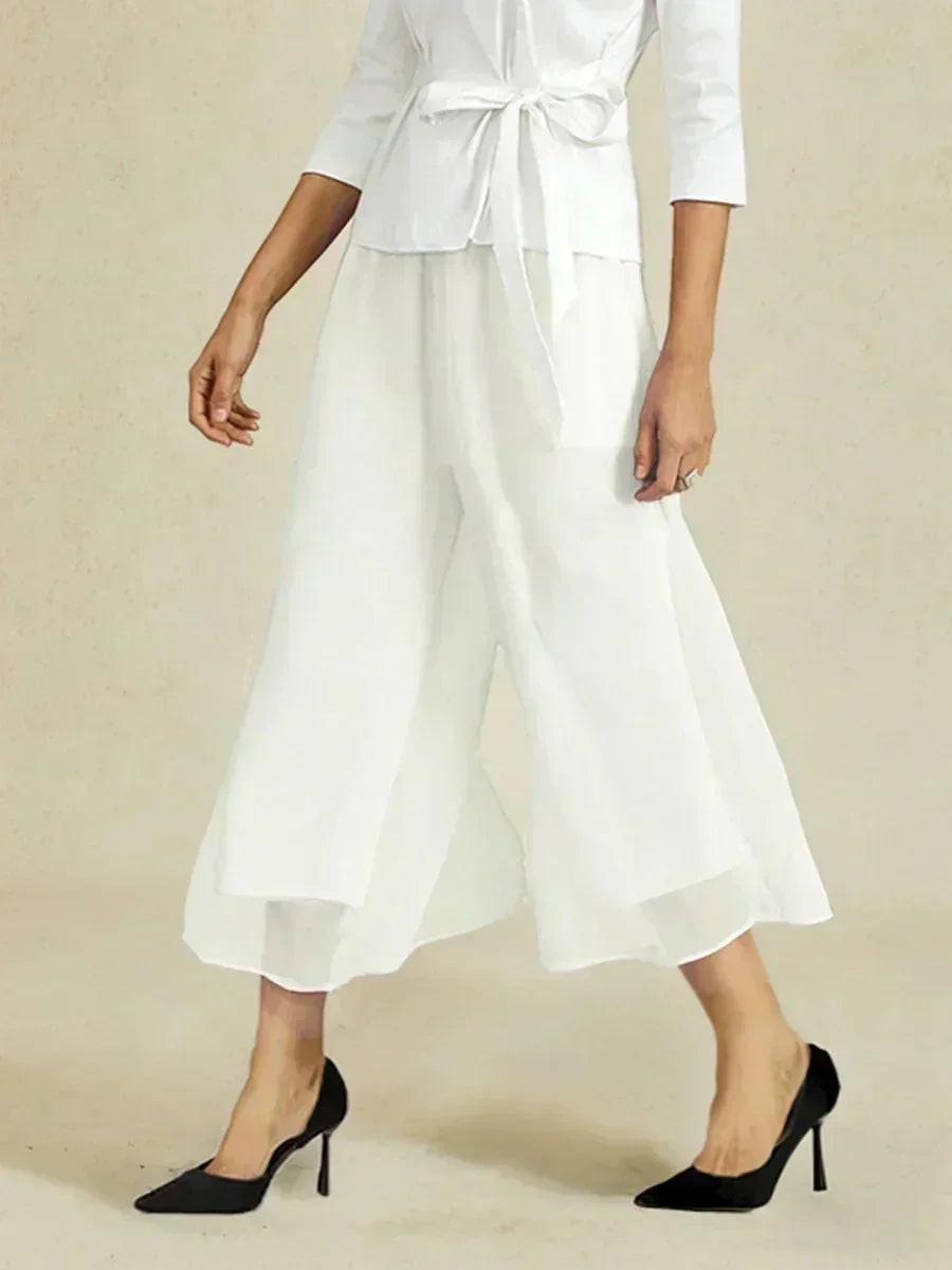 Cropped Broek Met Rechte Pijp En Chiffon Split-Overlay