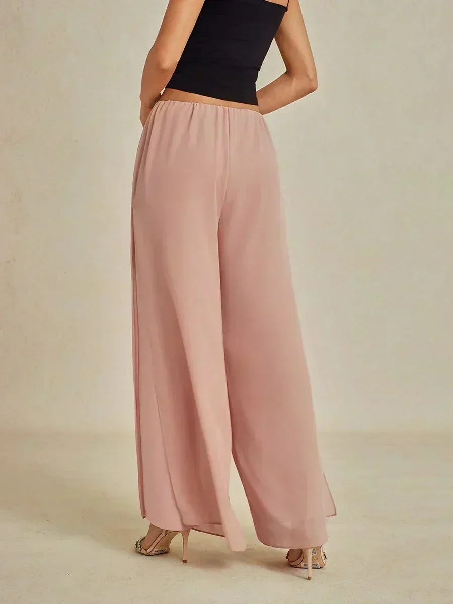 Broek Met Rechte Pijpen Met Chiffon Overlay En Gespleten Pijp